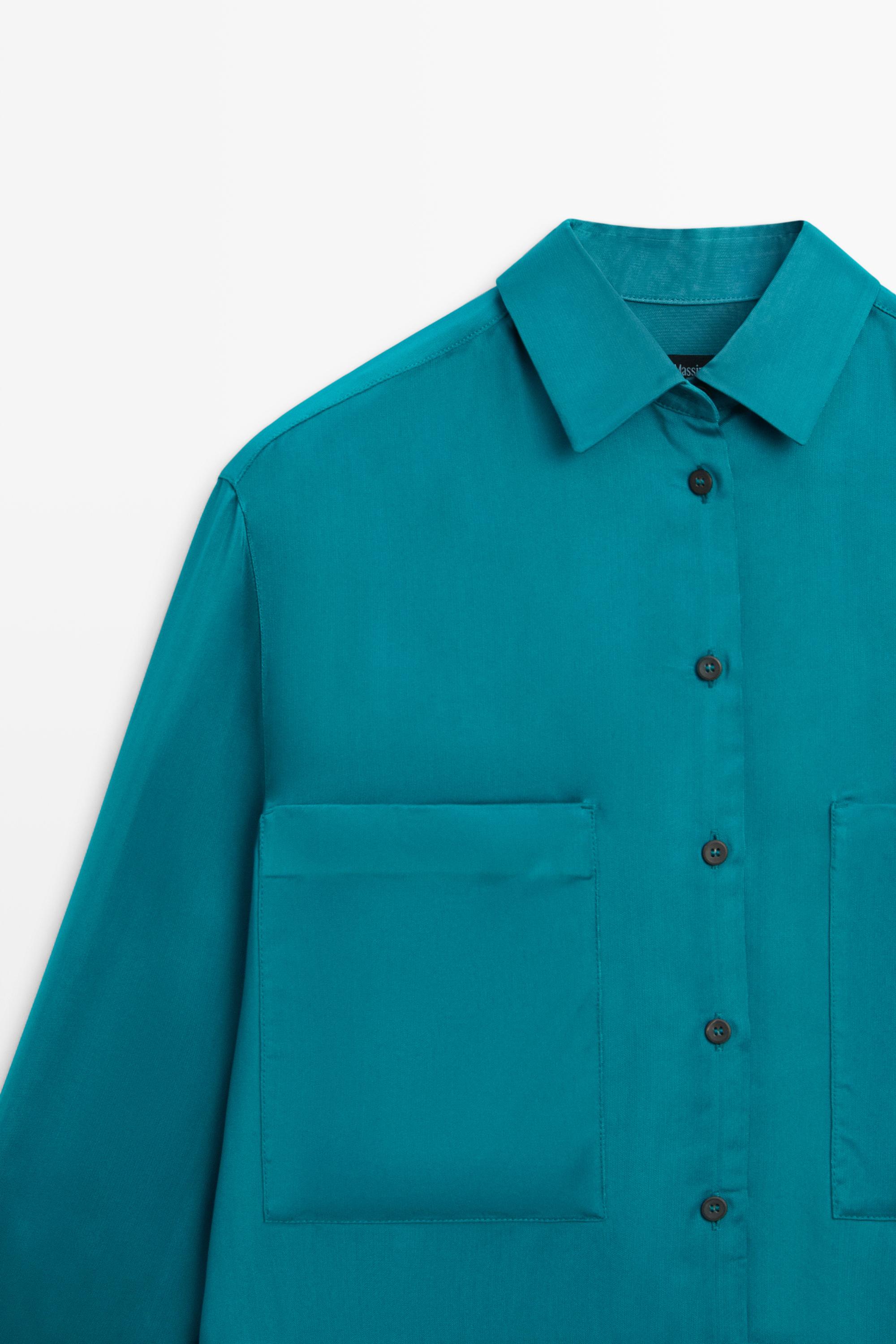 Flowing satin shirt with pockets — GREENISH BLUE