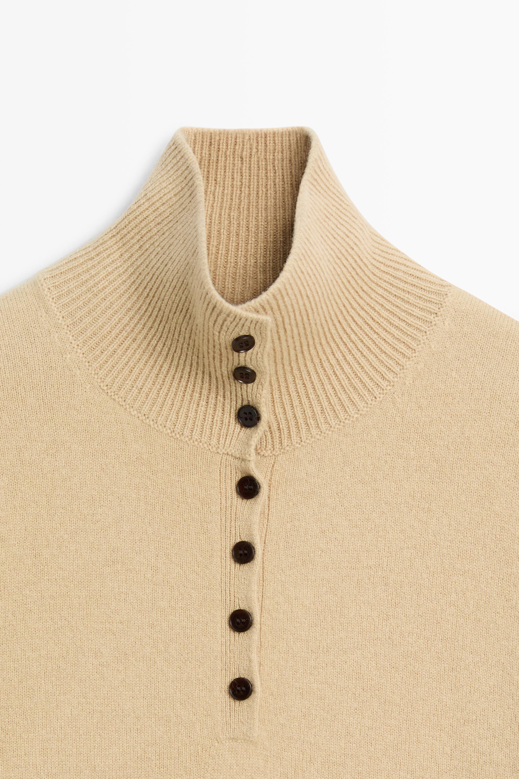 High neck knit sweater with button detail — CAMEL