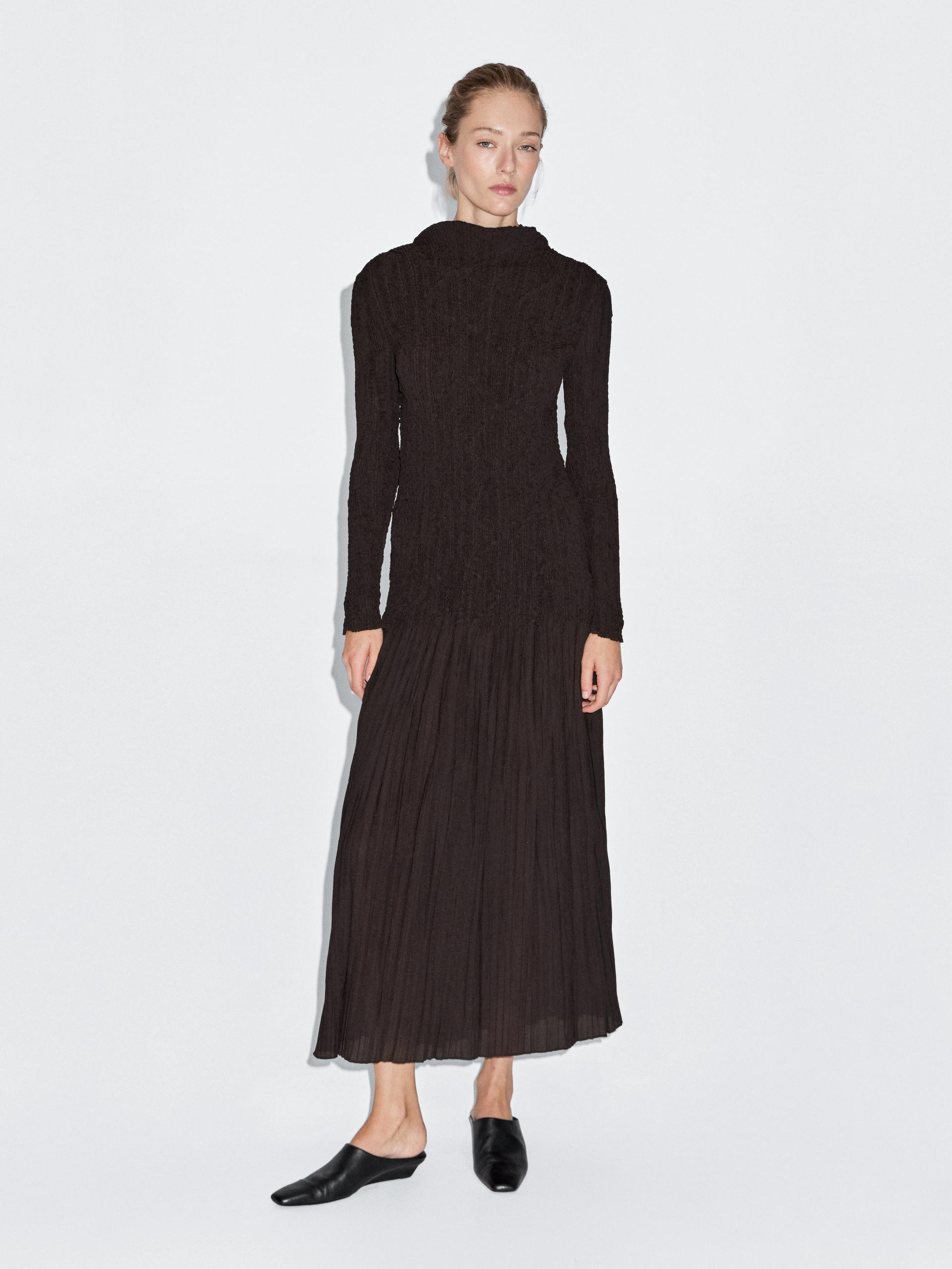 Vestito Lungo Plissettato Stretch - Marrone - M - Massimo Dutti - Femminile