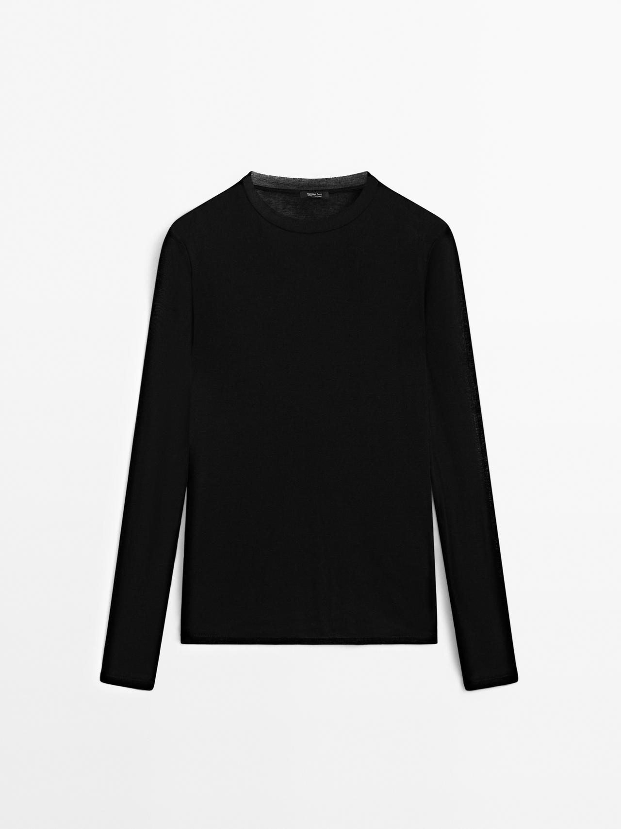 Massimo Dutti - Dame - T-Shirt I 100% Bomuld Halvgennemsigtig Med Kravedetalje - Sort - M