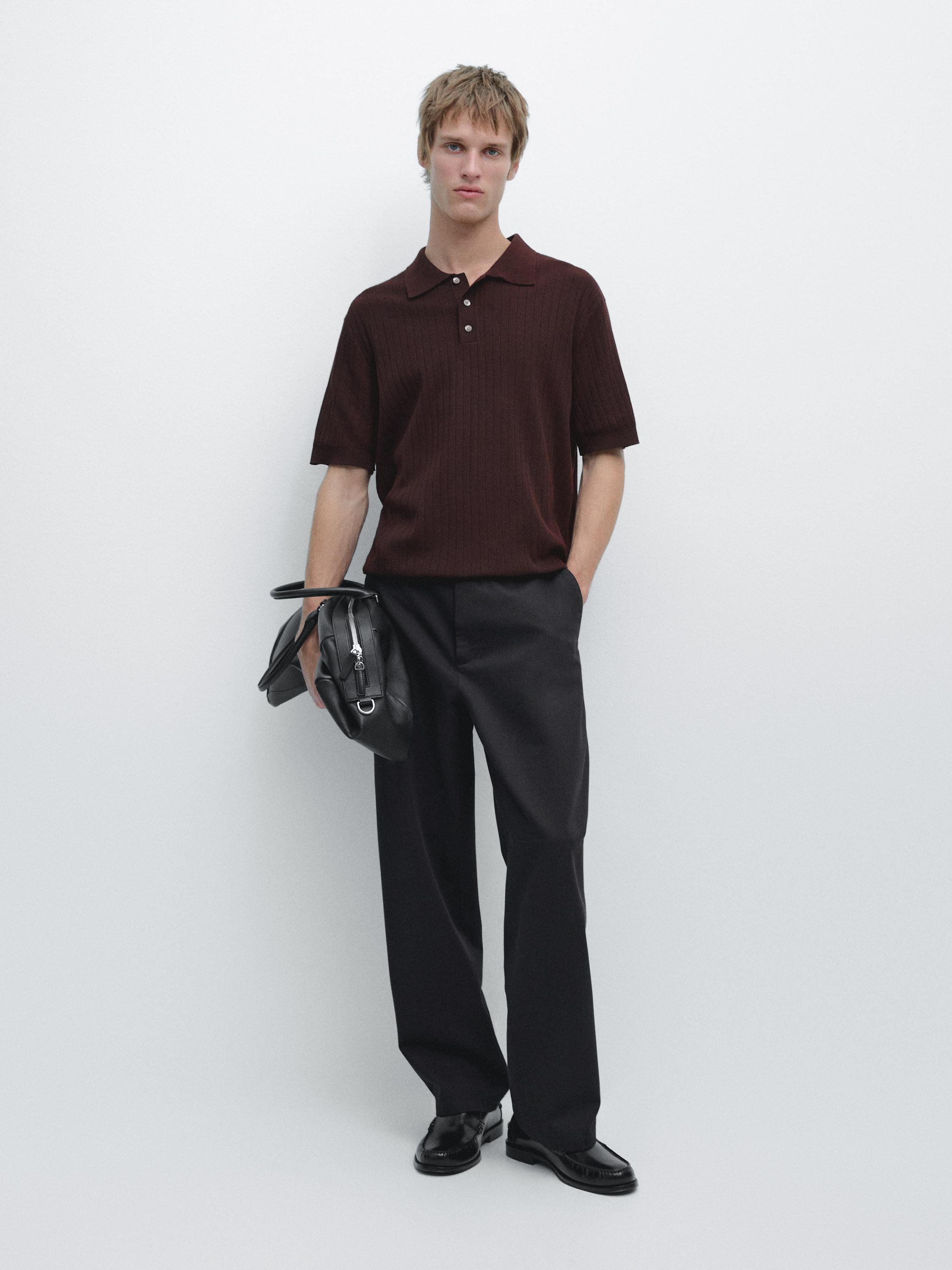 Ribbed knit cotton polo shirt — BURGUNDY