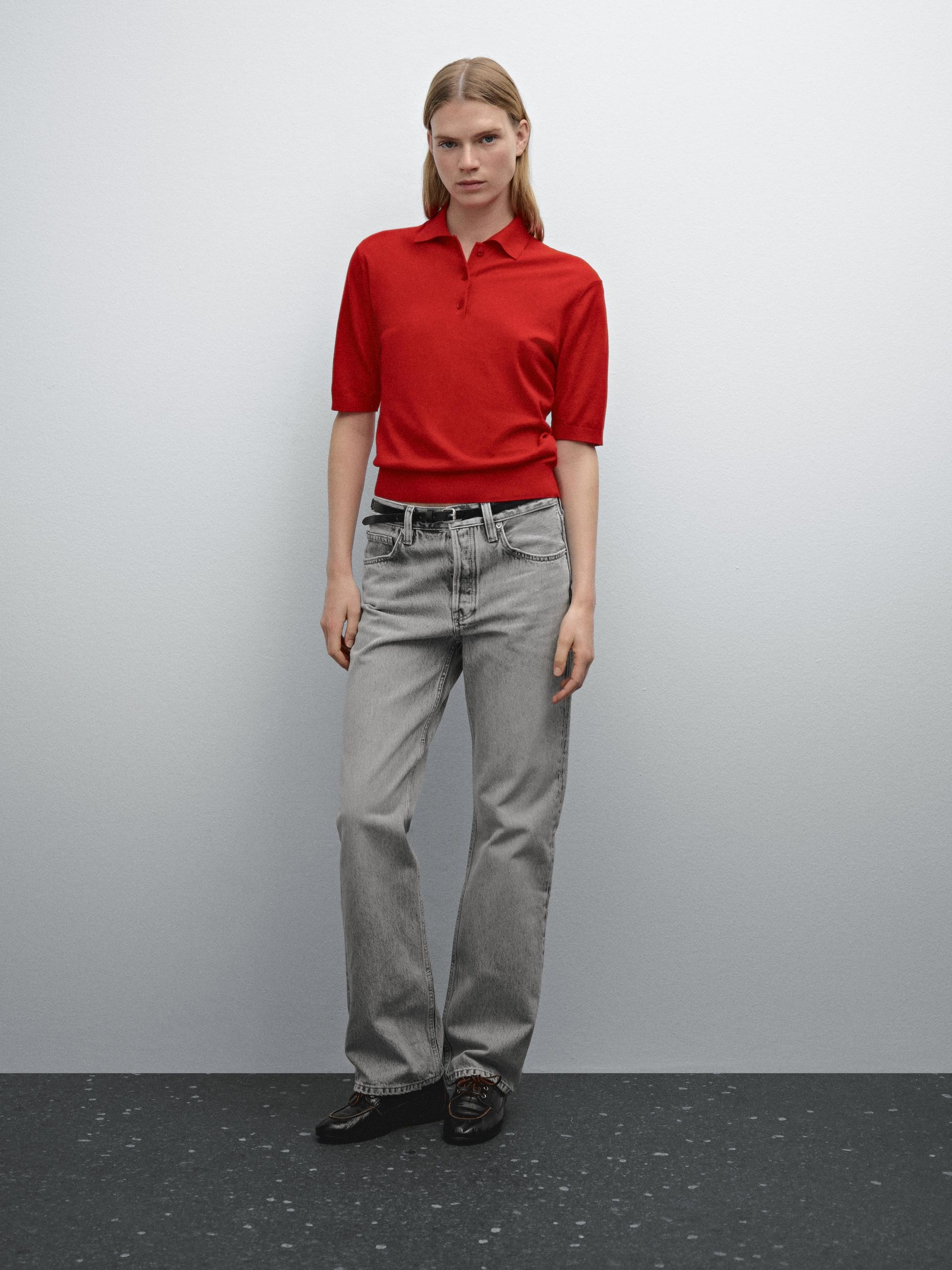 Pull Polo Manches Courtes - Rouge - S - Massimo Dutti - Femme