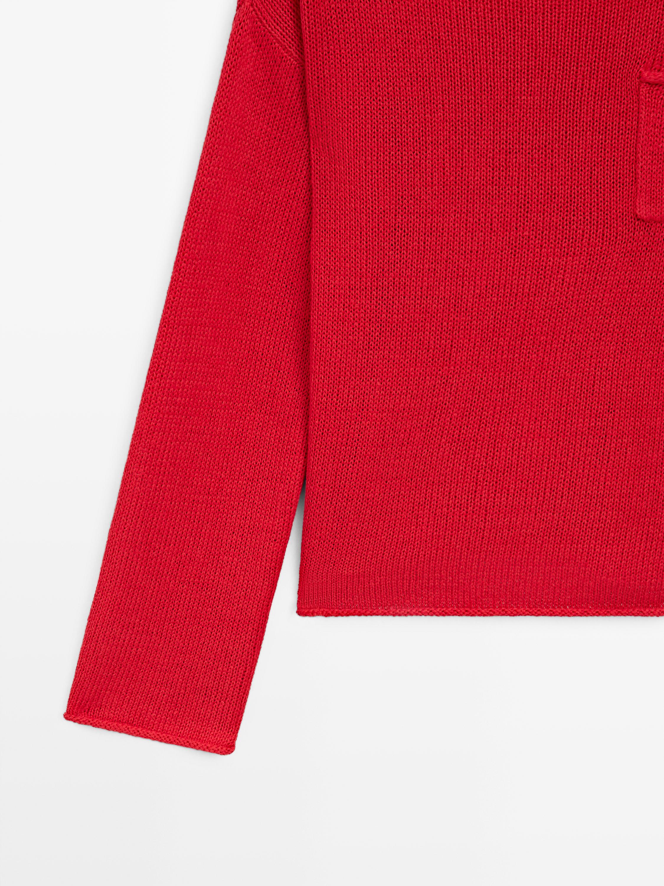 Cotton and linen knit sweater with pocket detail — RED