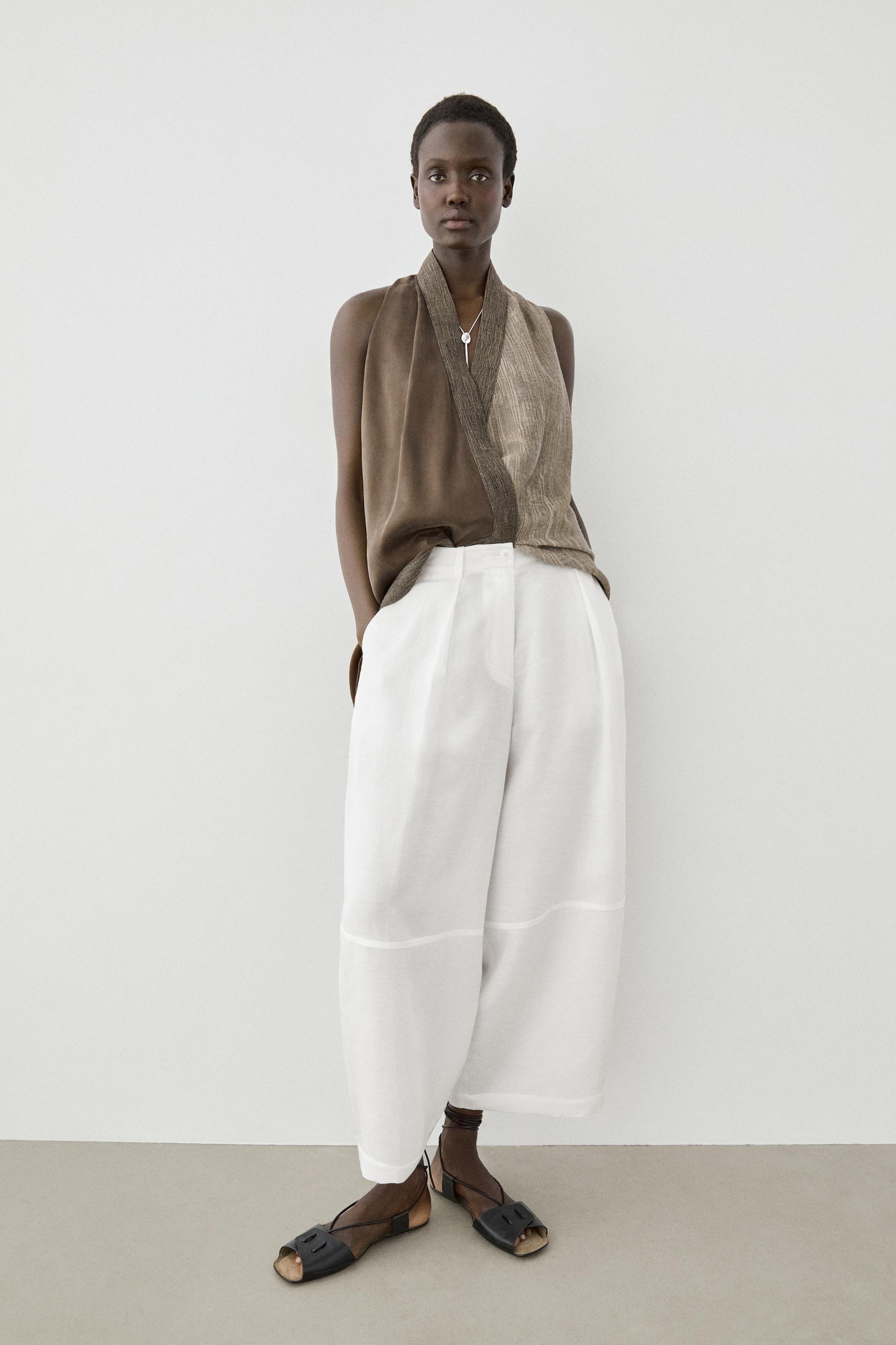 Flowing linen blend pants with seams — WHITE