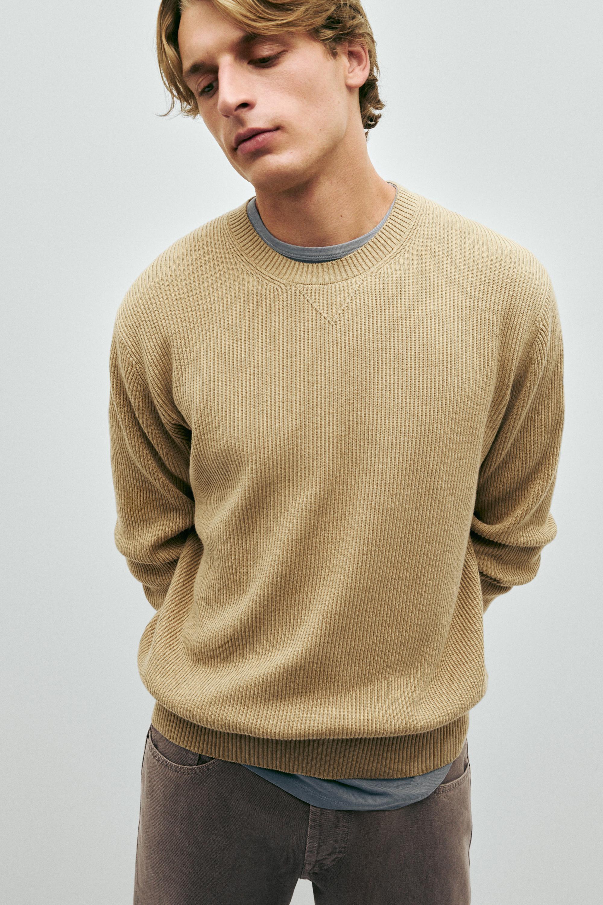 Cotton blend ribbed knit sweater — CREAM