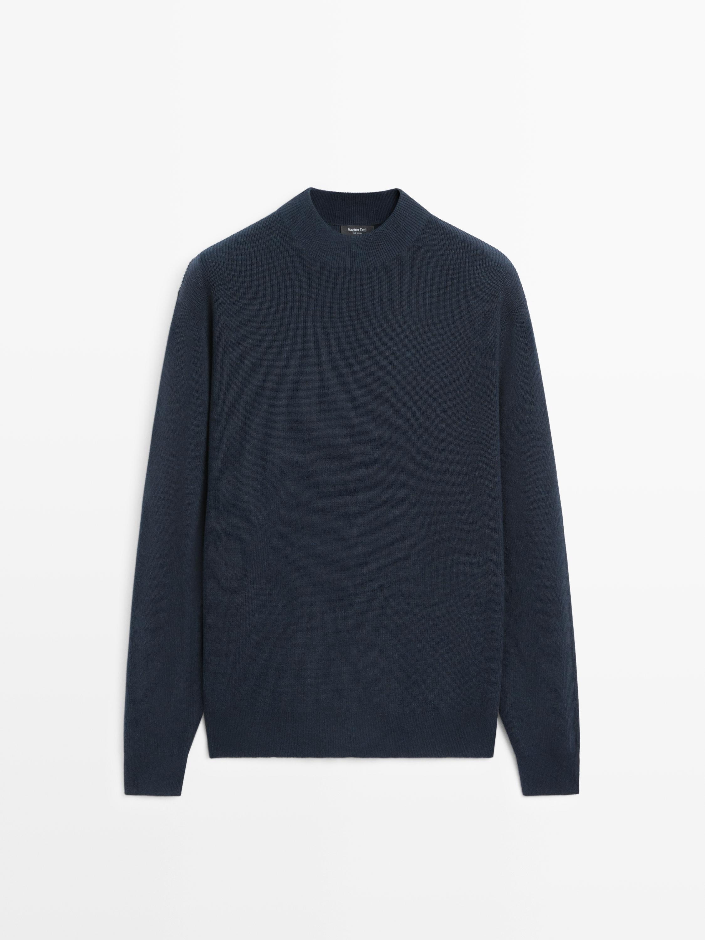 Cotton blend knit sweater with mock turtleneck — NAVY BLUE