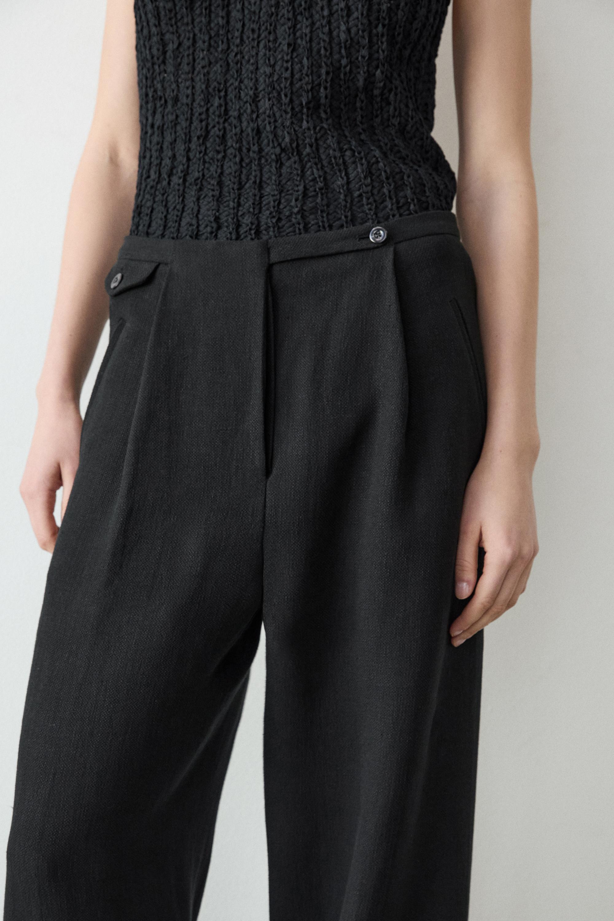 Flowing linen blend trousers with pocket details — BLACK