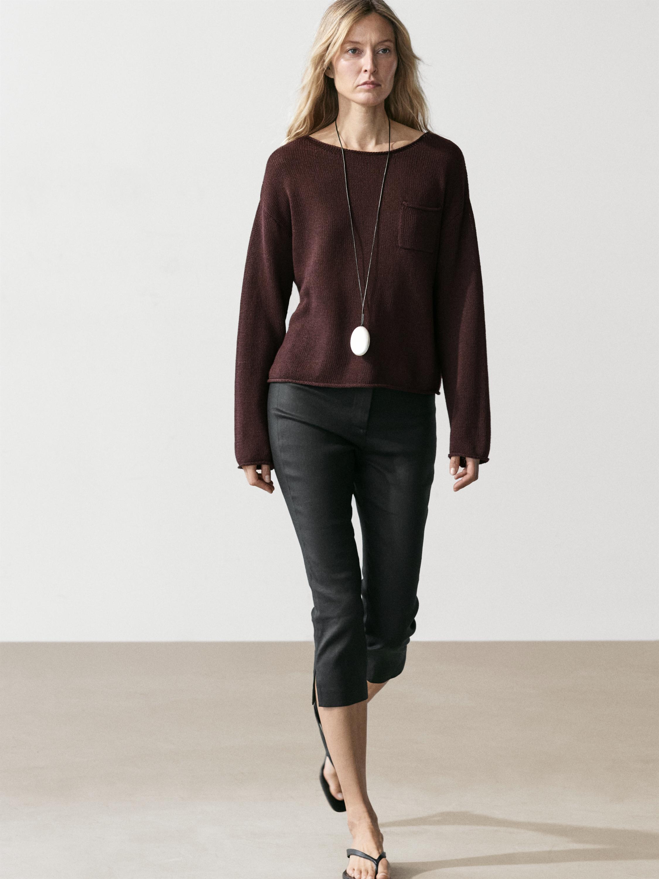 Cotton and linen knit sweater with pocket detail — BROWN
