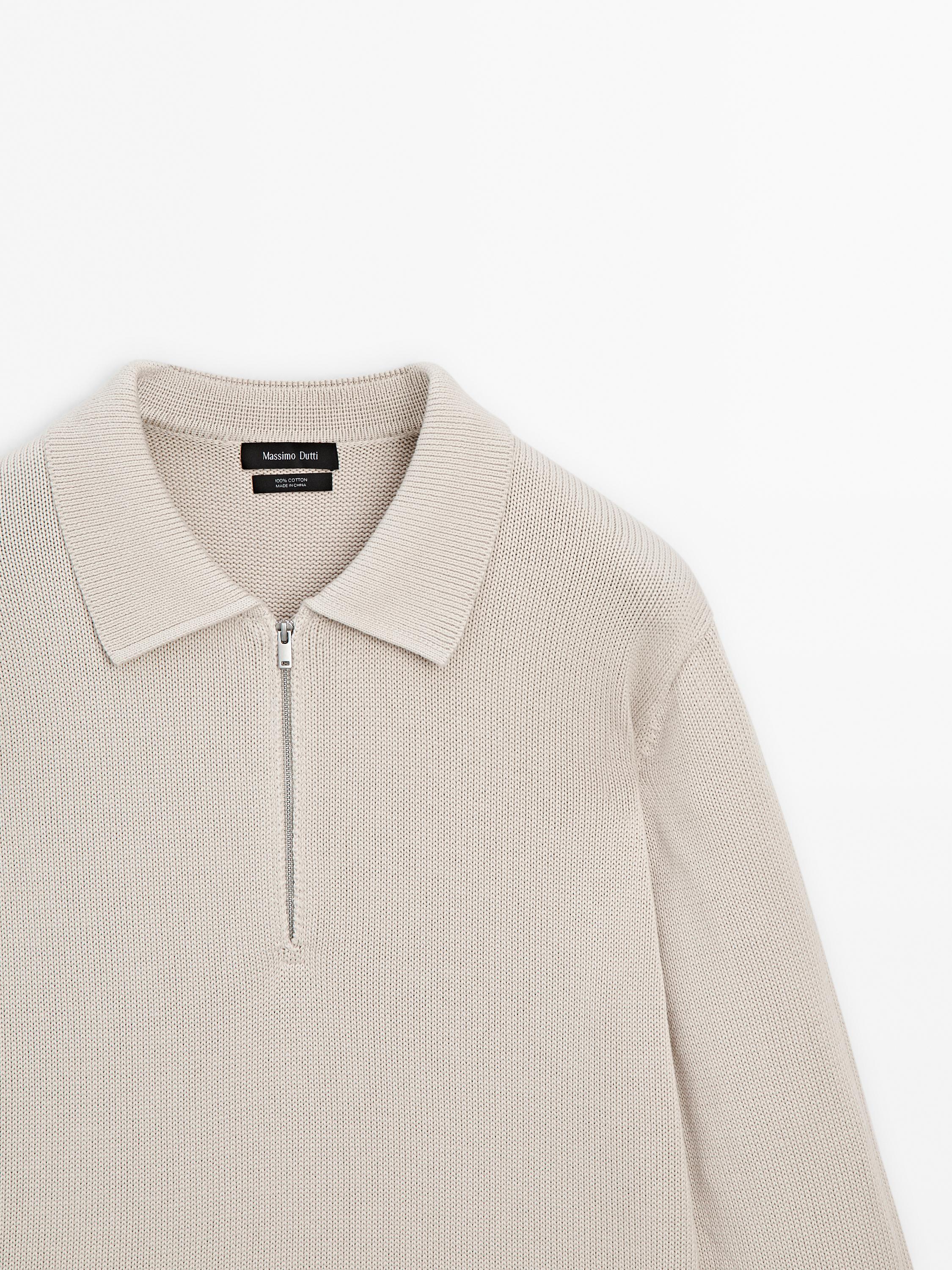 Knit sweater with zip polo collar