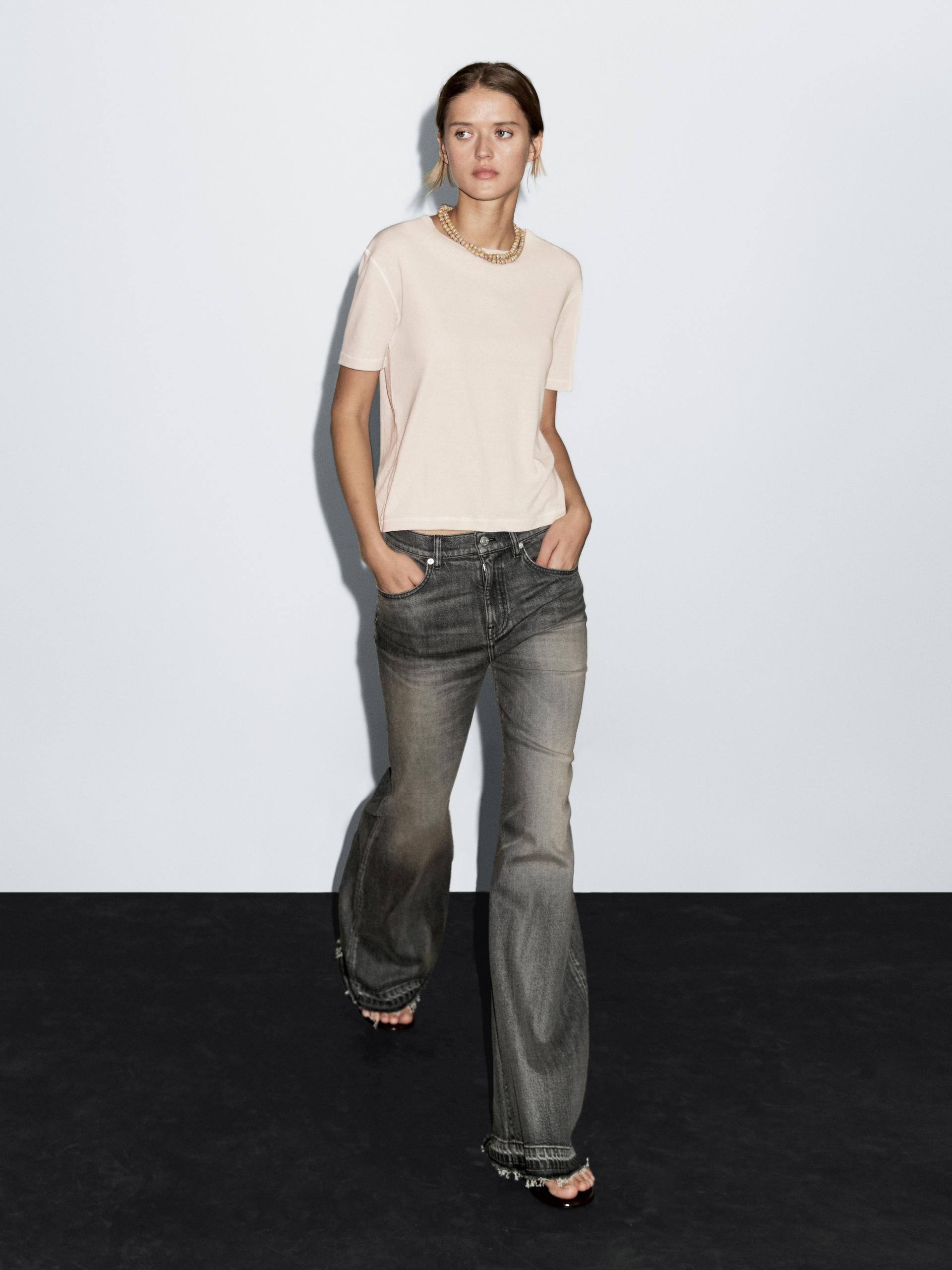 Koszulka Ze 100% Bawełny Z Efektem Sprania - Popielaty - L - Massimo Dutti - Kobieta