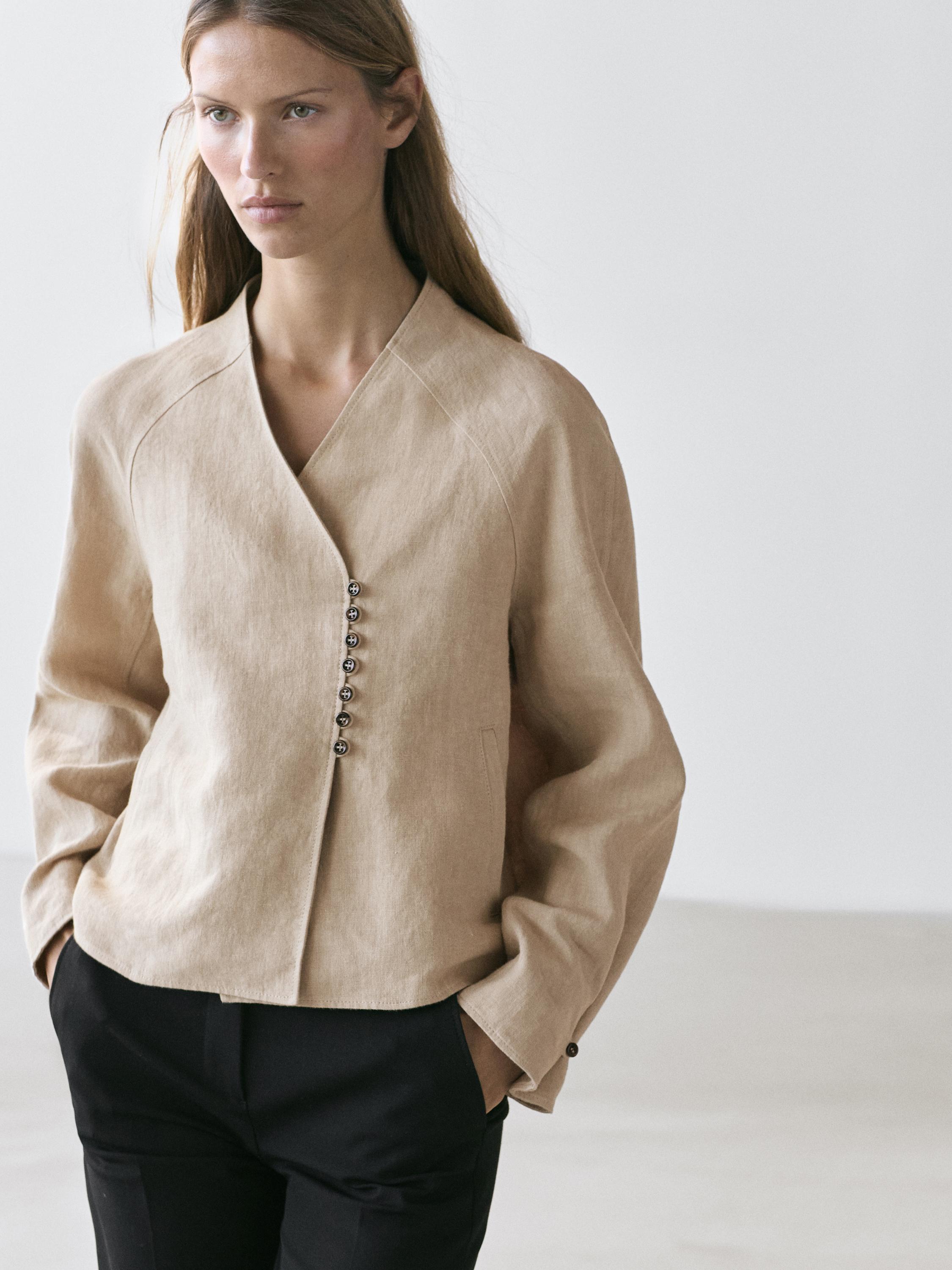 Cropped 100% linen jacket — BEIGE