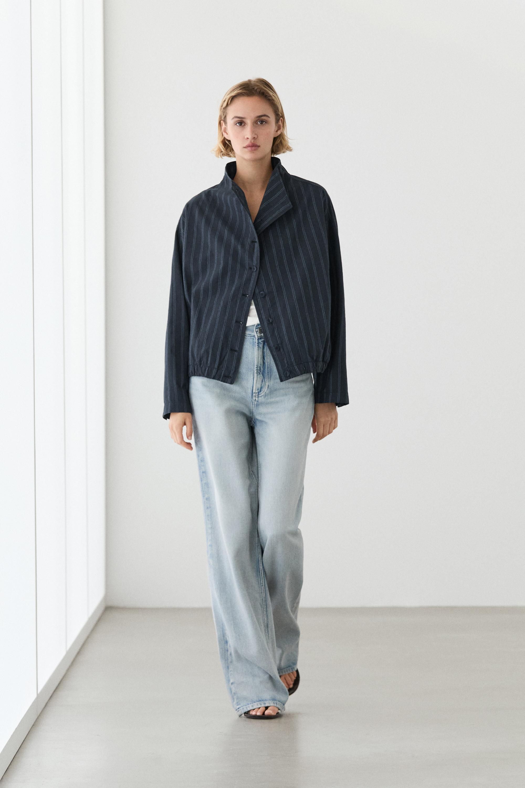Striped high neck bomber jacket — DARK BLUE