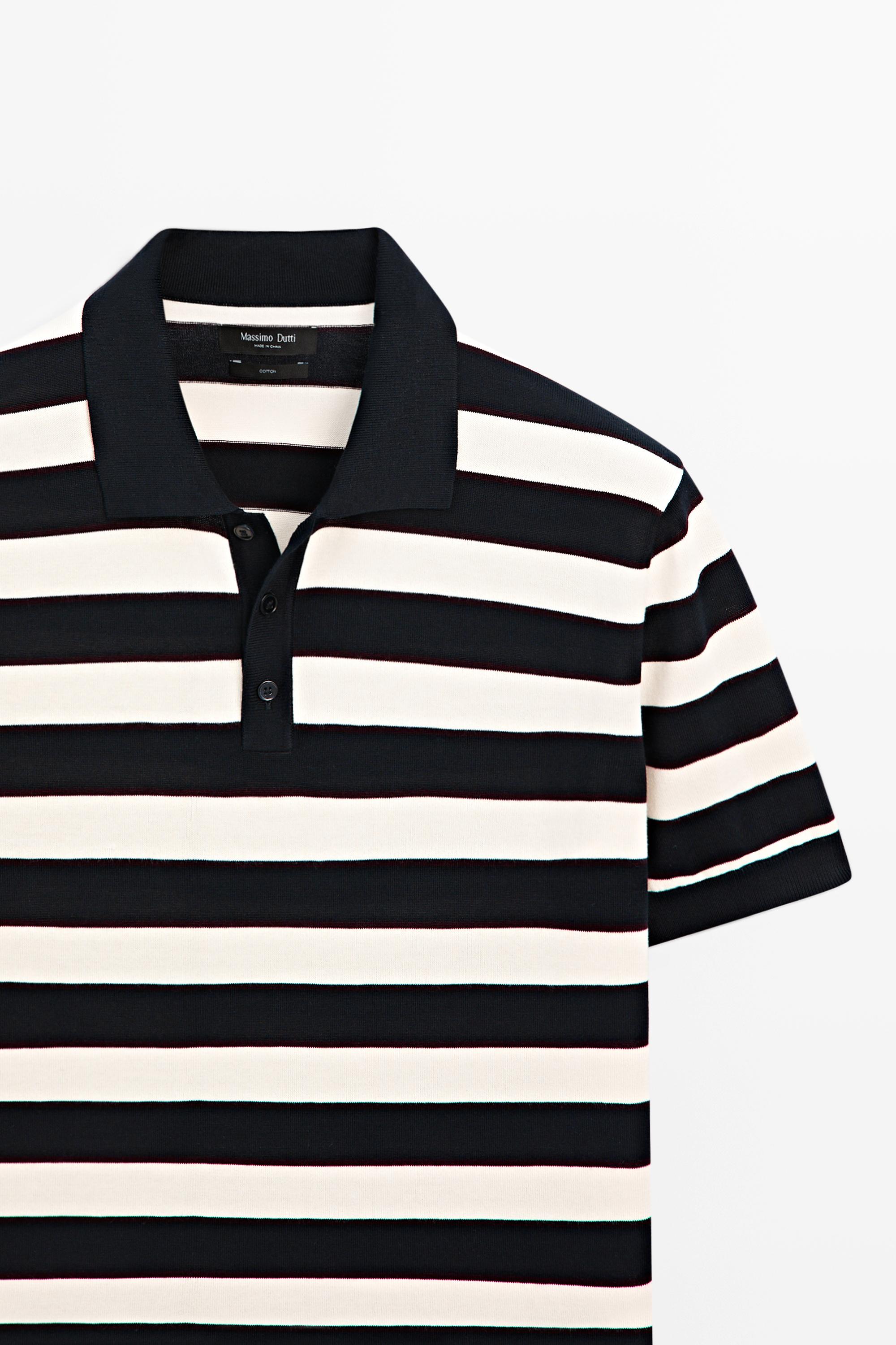 100% cotton striped knit polo shirt — NAVY BLUE