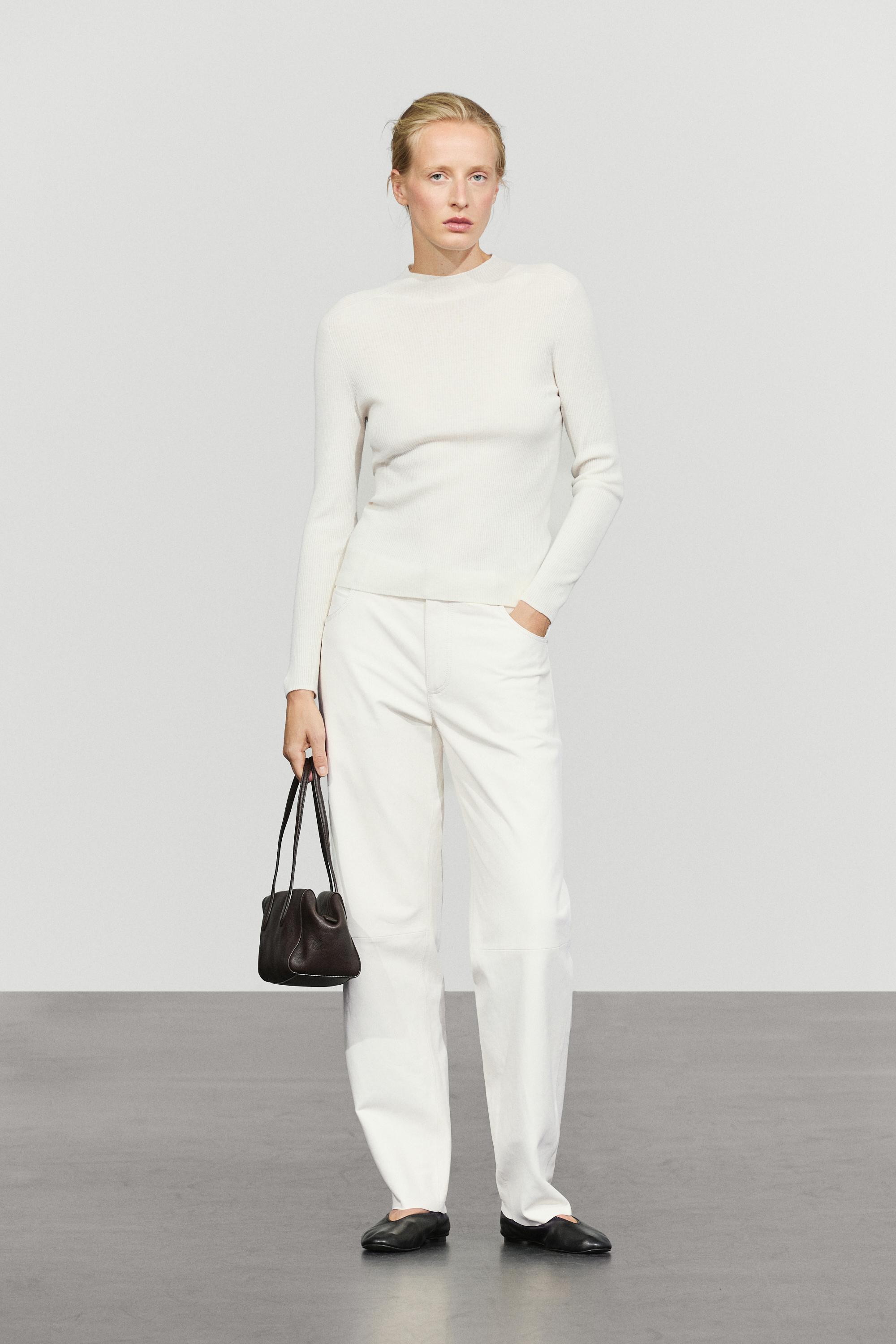 Ribbed knit mock turtleneck sweater — CREAM