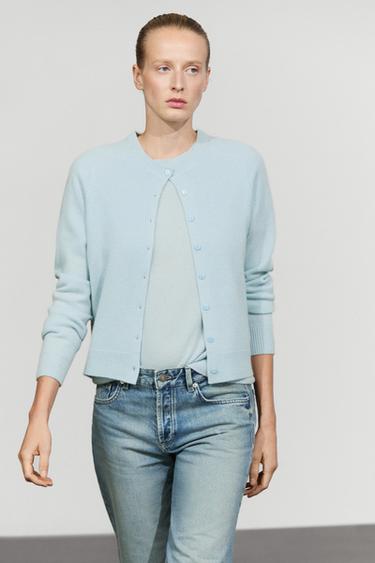 100% cashmere cropped knit cardigan — SKY BLUE 3