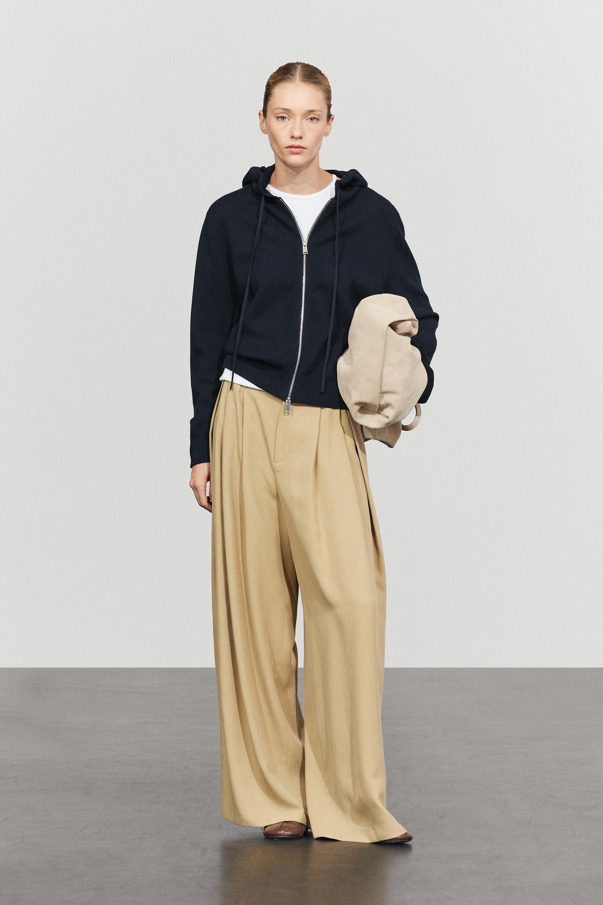 Cotton blend knit hooded cardigan — NAVY BLUE