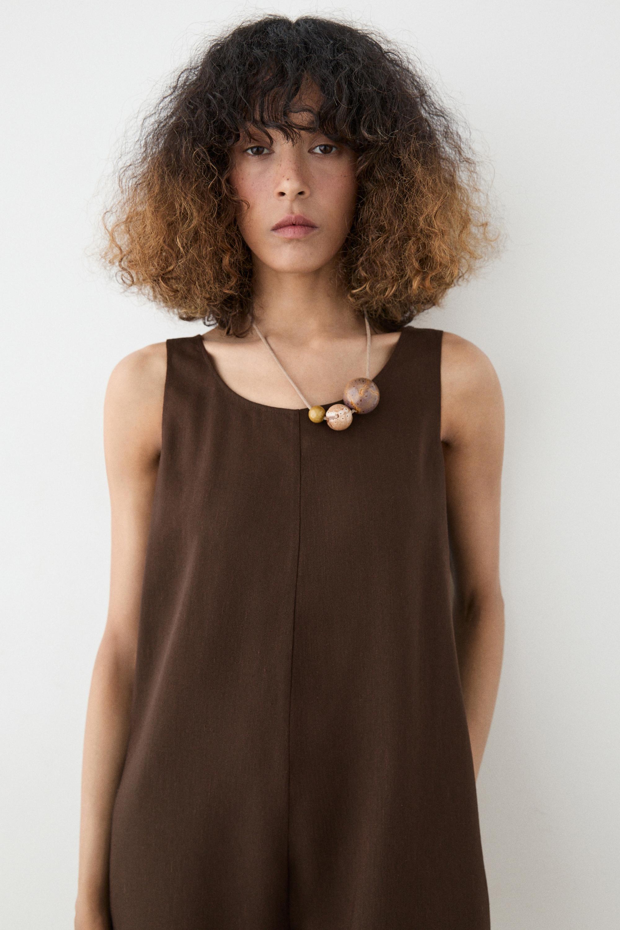 Flowing linen blend playsuit dress — Chocolate