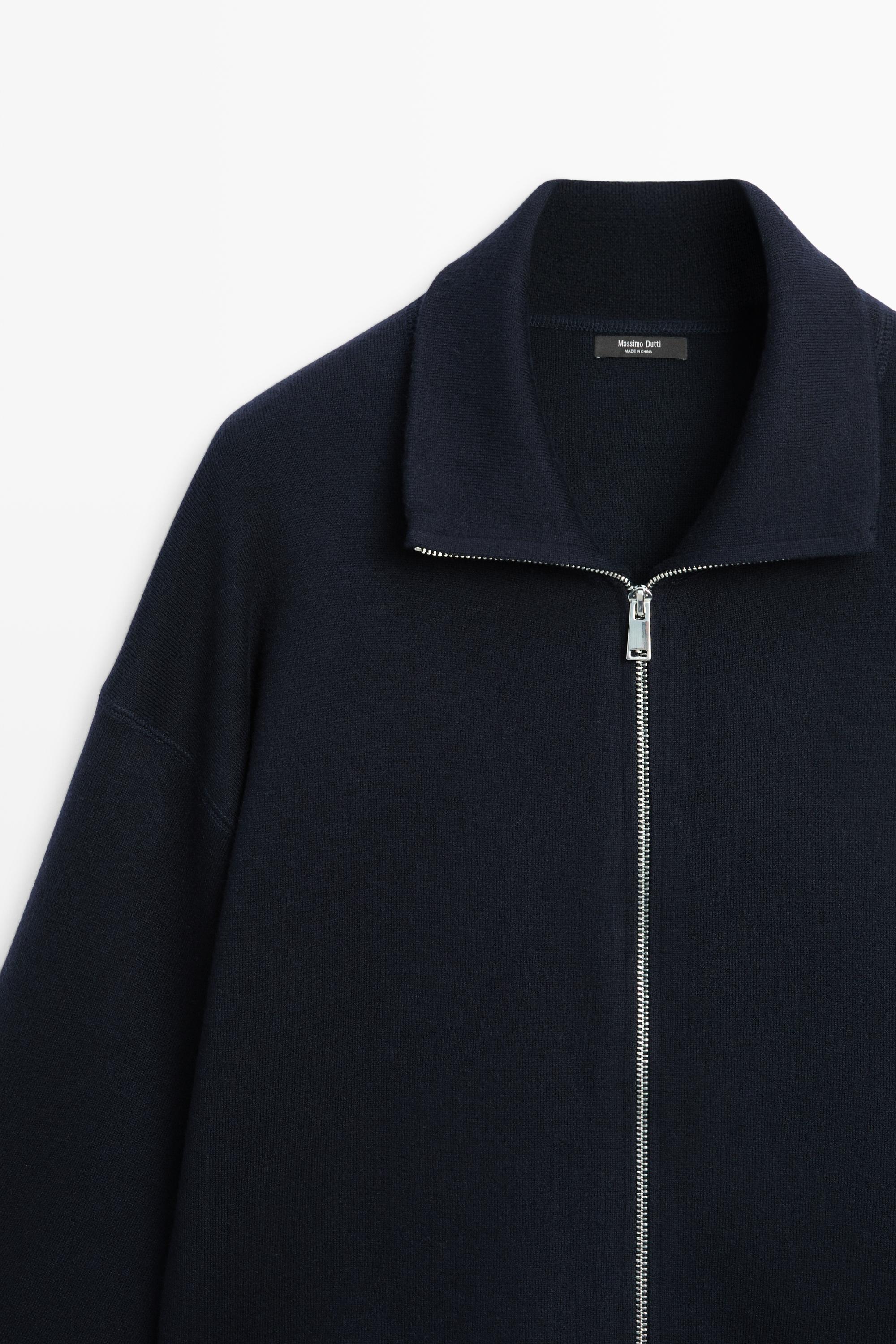 Cotton knit zip-up jacket — NAVY BLUE