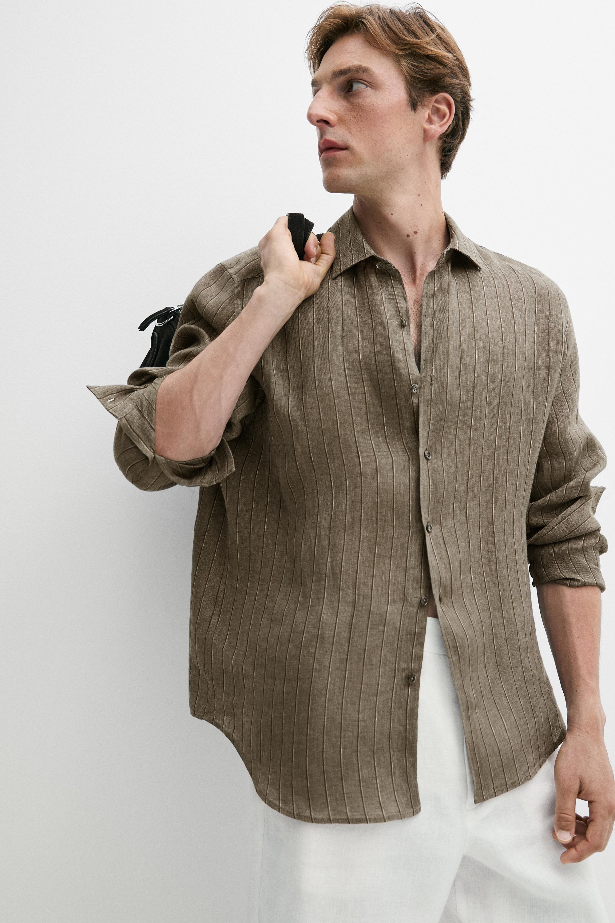 100% linen regular fit striped shirt — DARK GREEN