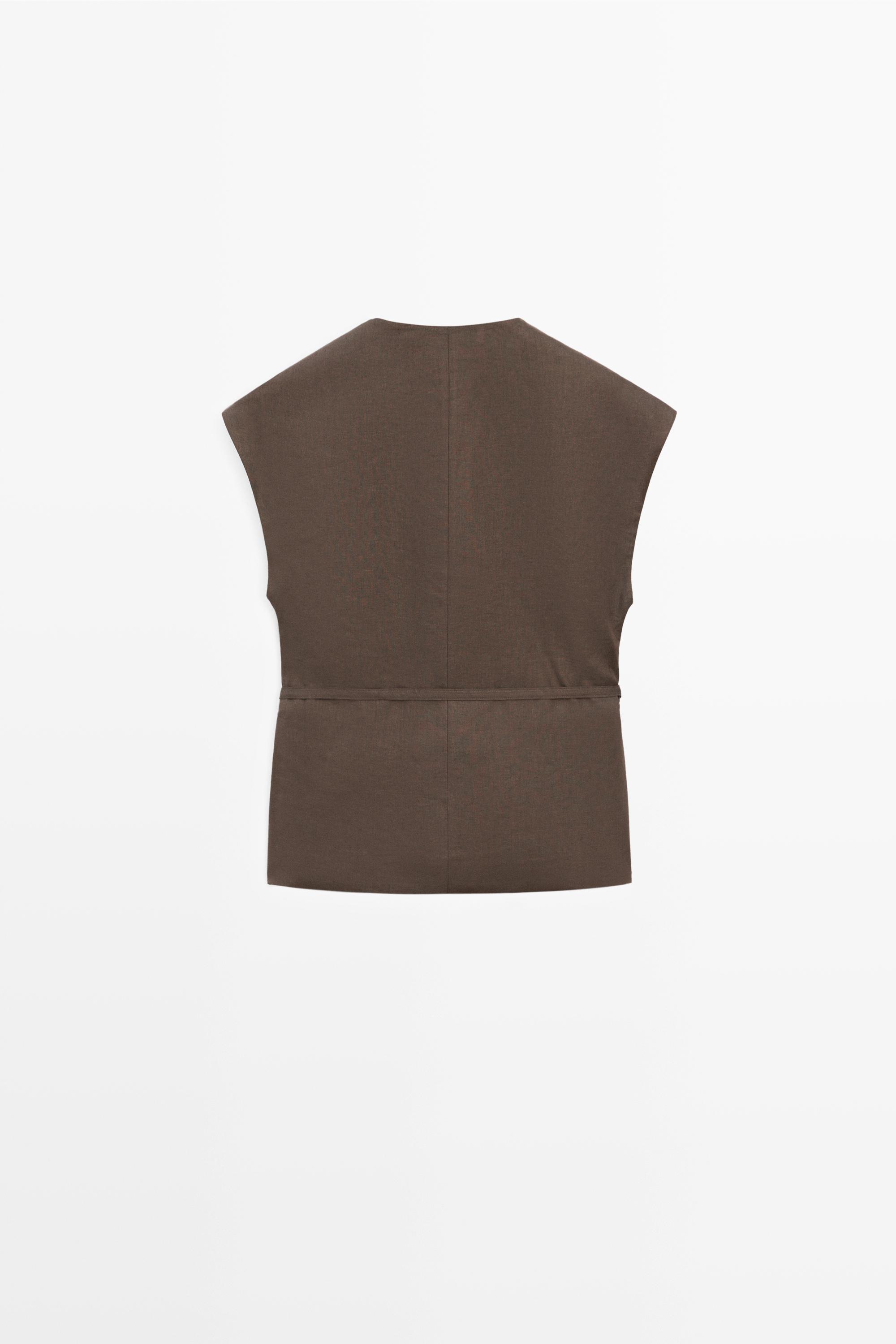 Linen blend waistcoat with wrap neckline — BROWN