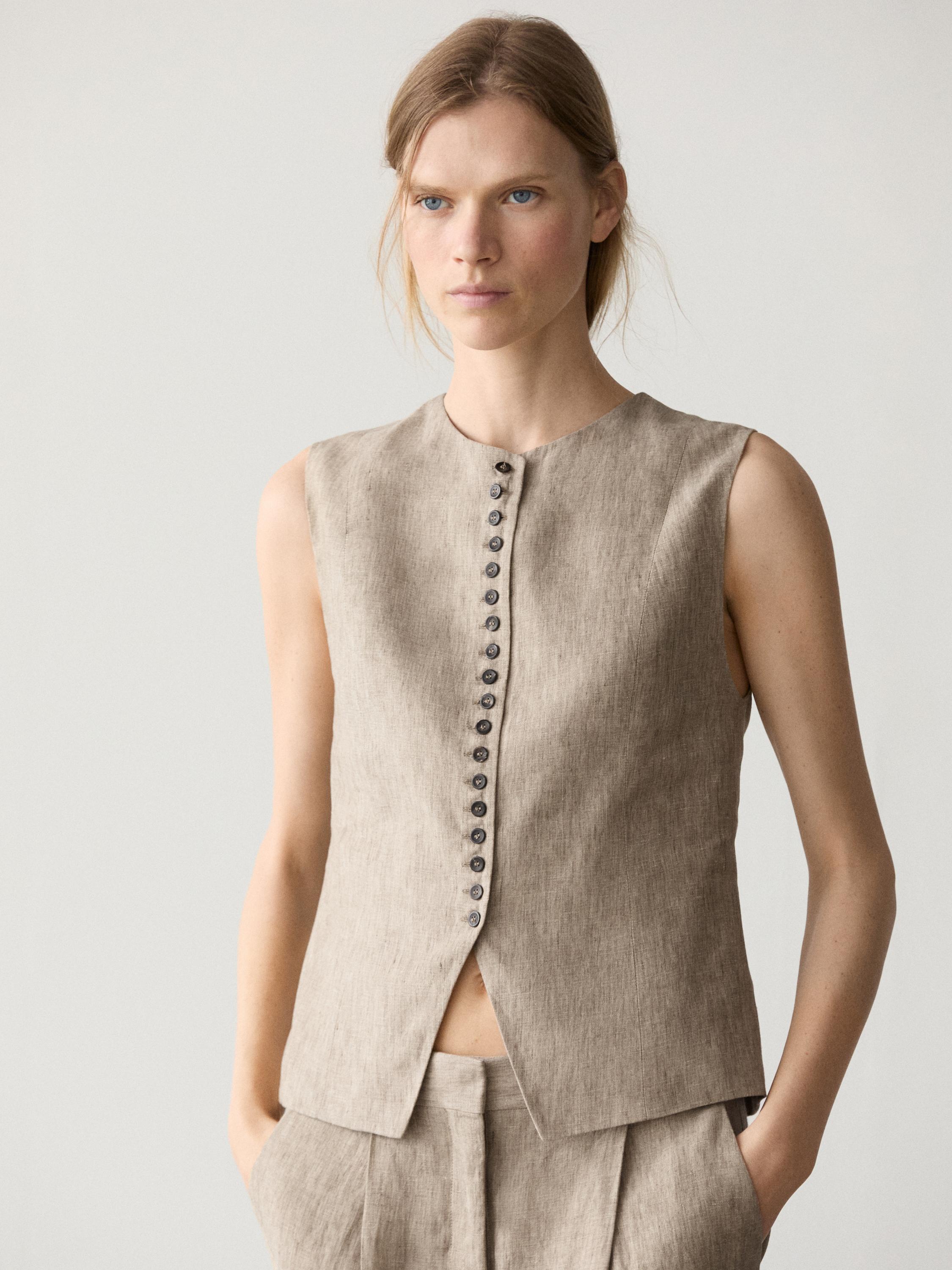Linen melange waistcoat with buttons — BEIGE