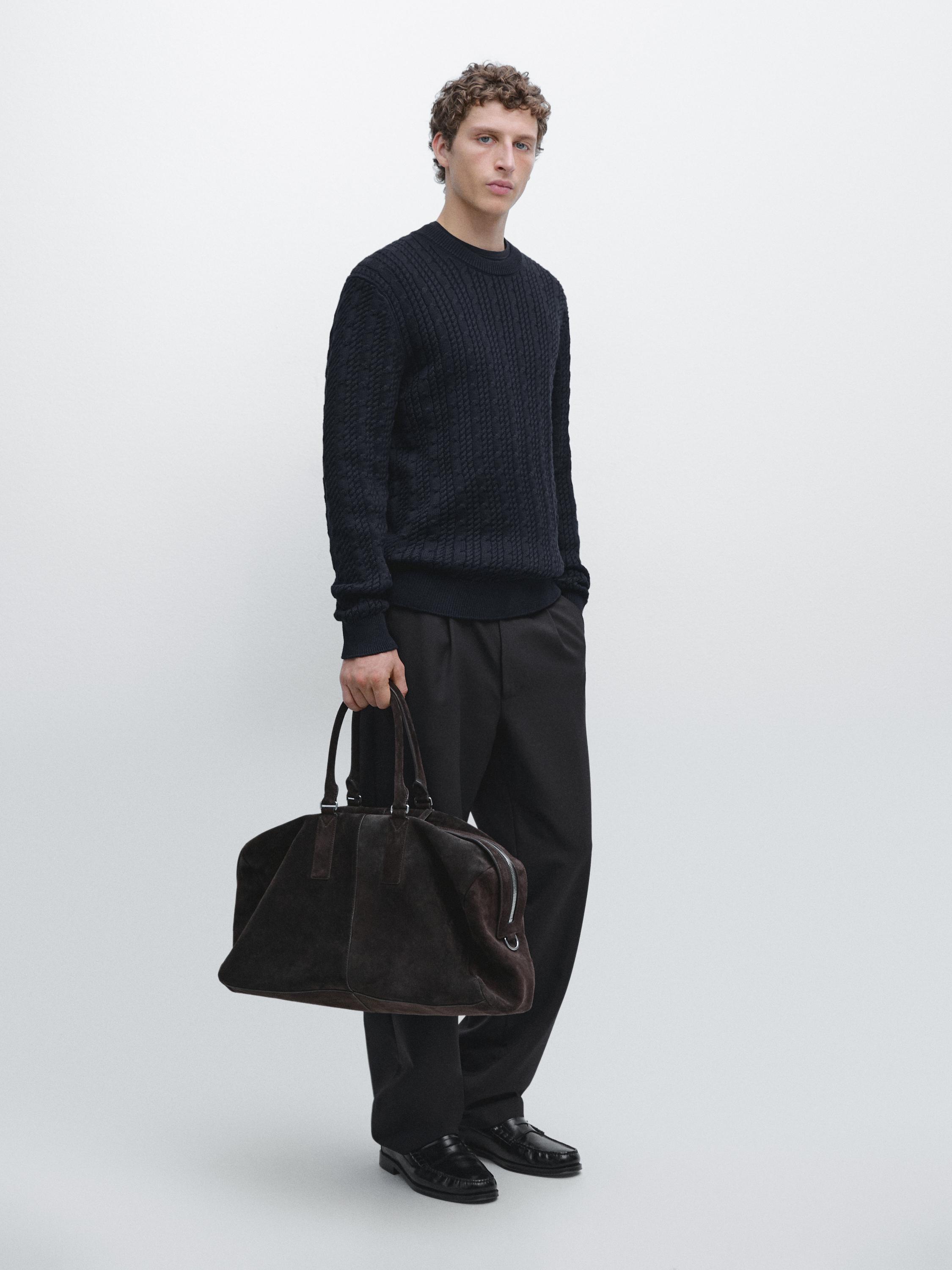 Cable-knit 100% cotton sweater with crew neck — NAVY BLUE
