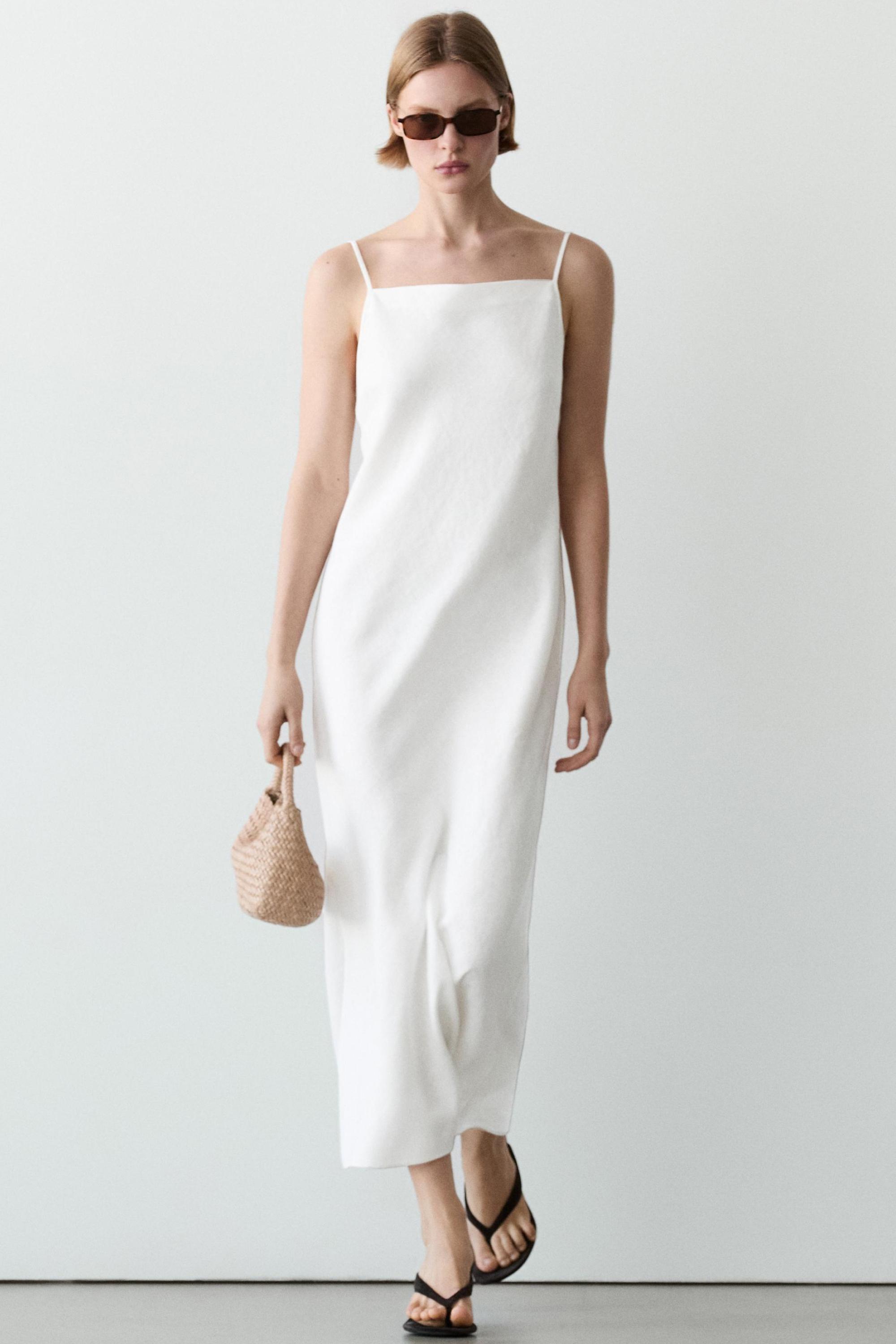 100% linen midi dress with straight neckline — WHITE