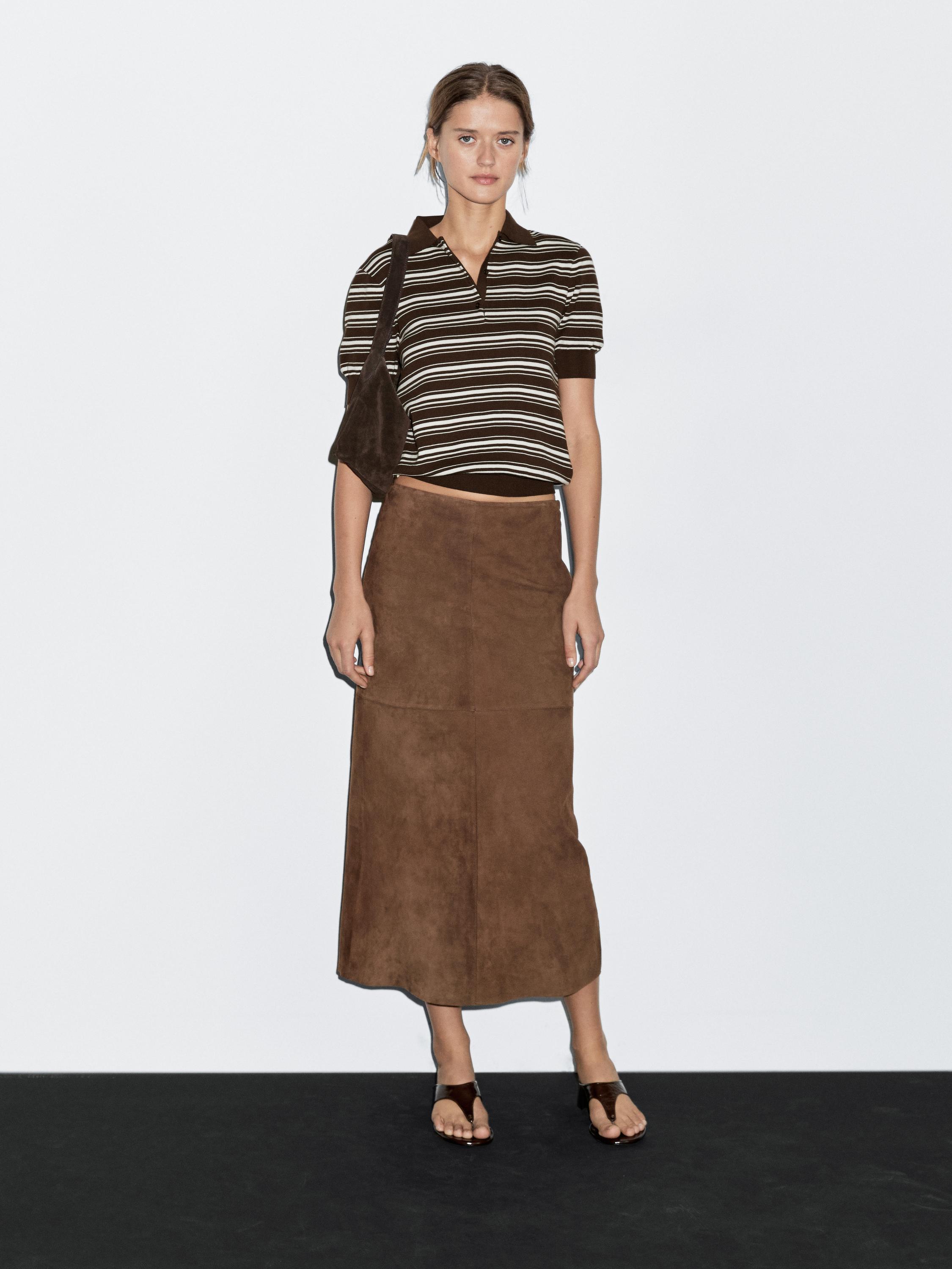 Suede leather midi skirt