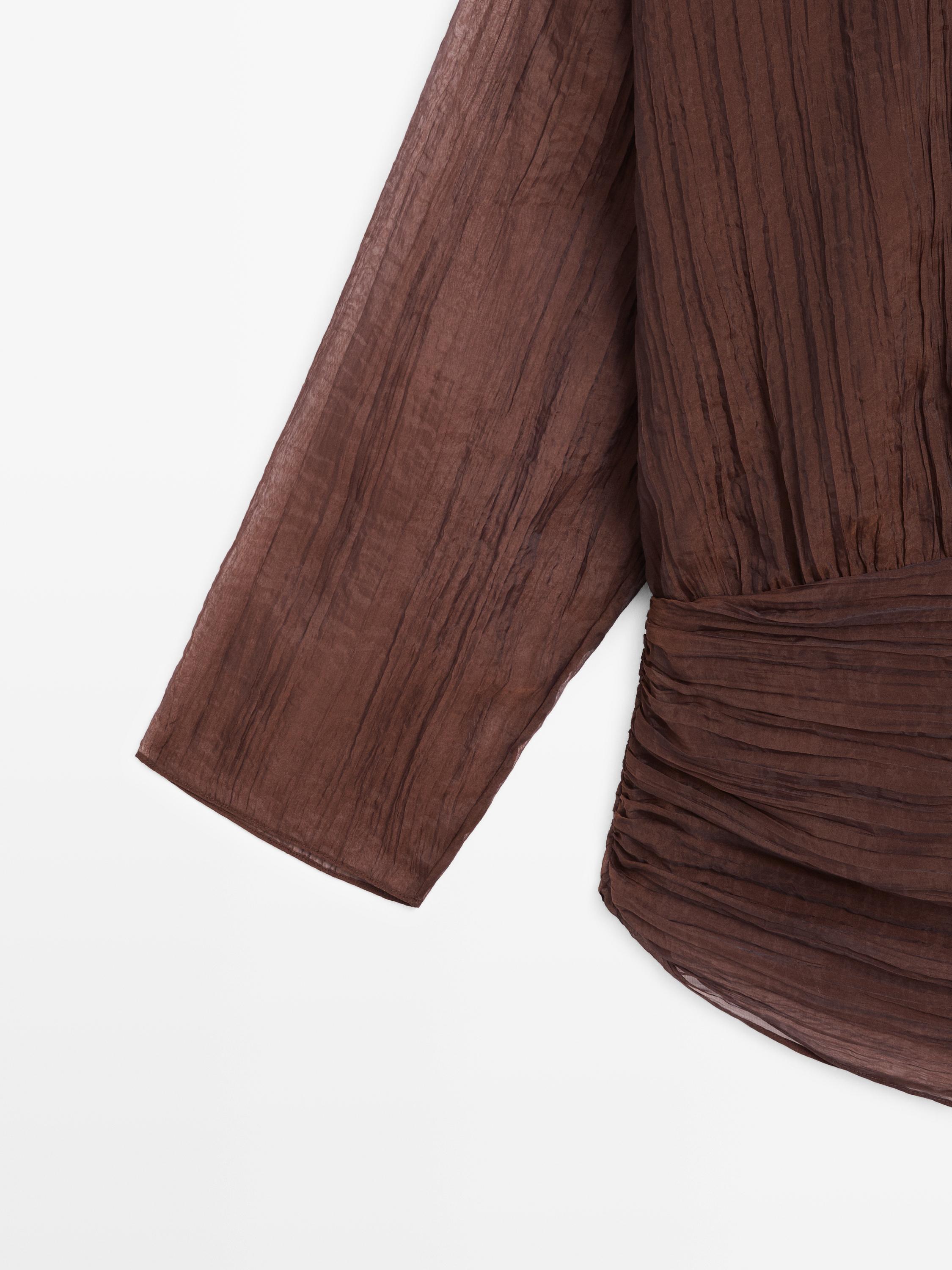 Blouse with sash belt and gathered details — Caramel