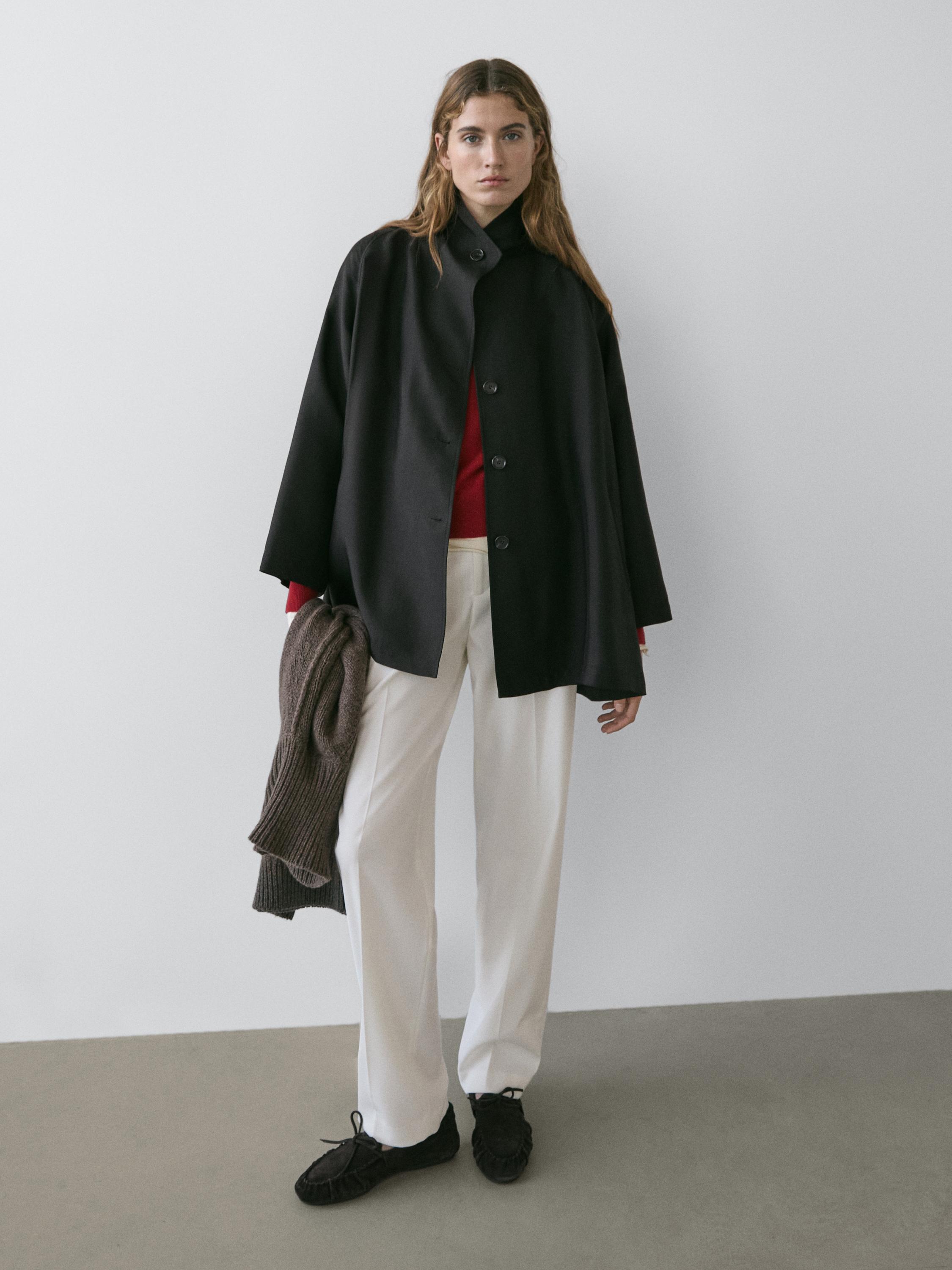Flowing voluminous cape with button details — BLACK