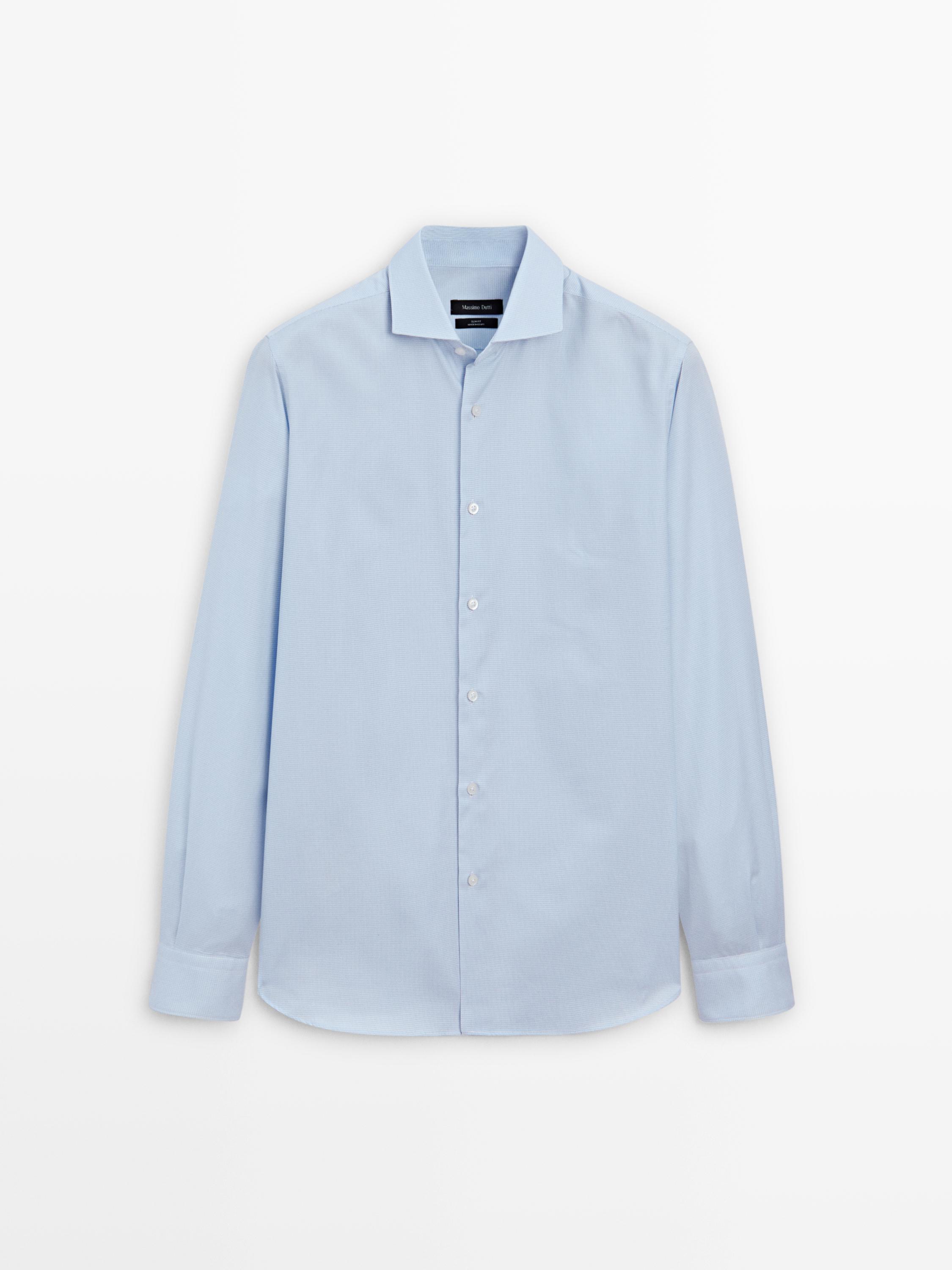 Slim fit micro-checked 100% cotton shirt — SKY BLUE