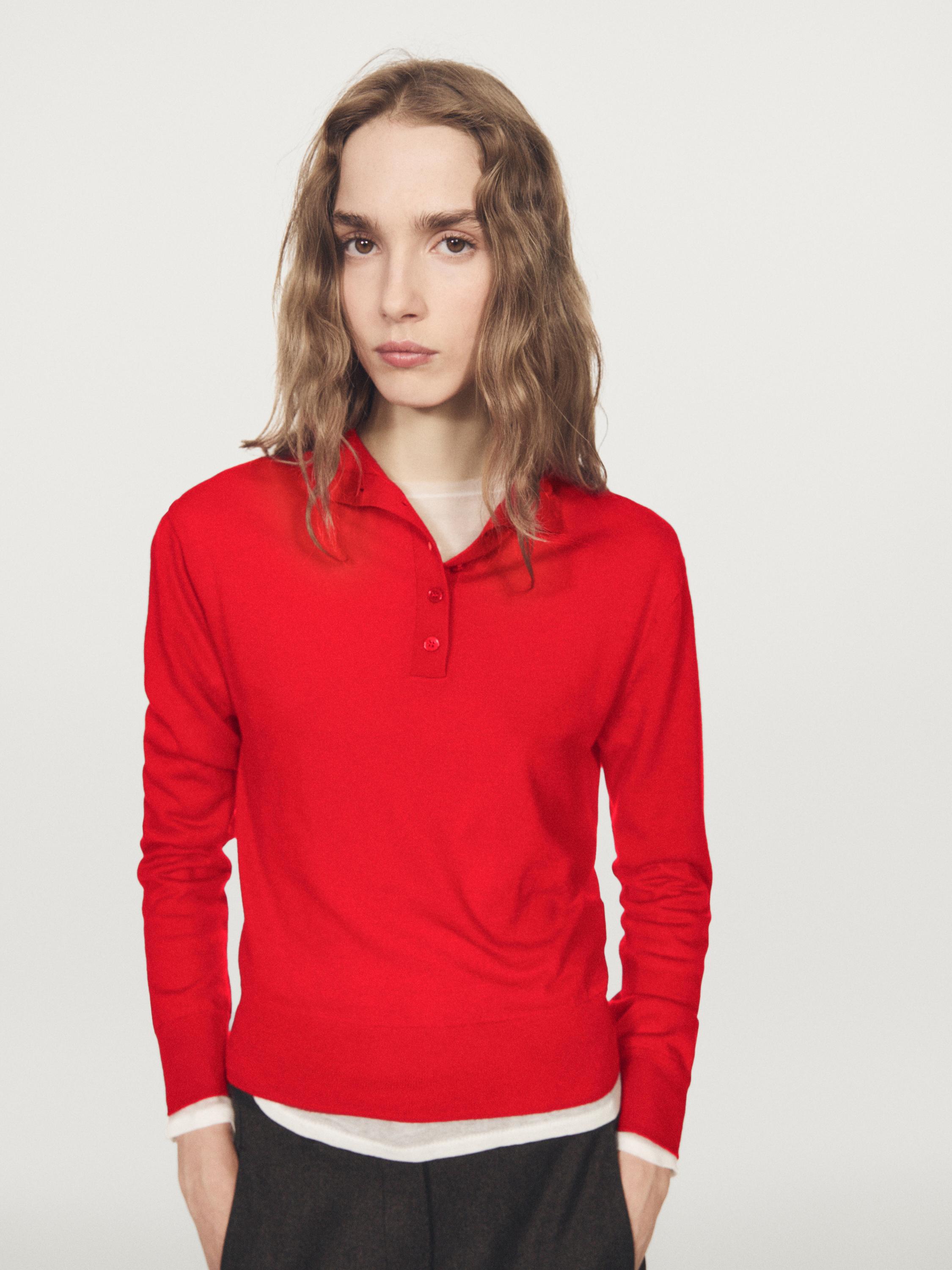 Buttoned mock turtleneck knit sweater — RED