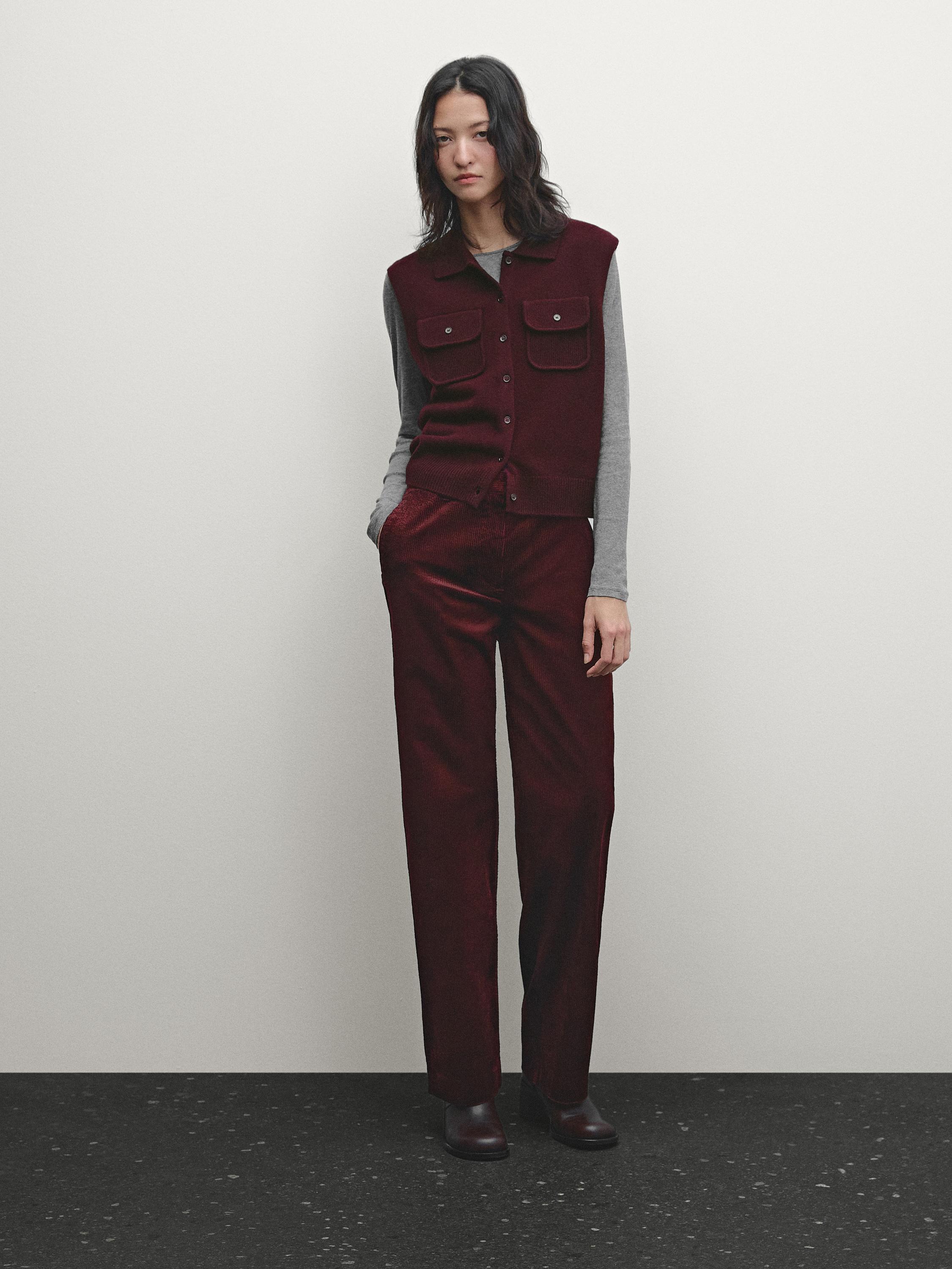 Veste en maille cropped sans manches avec poches ?� Bordeaux, Marron Taupe ?� Vestes | Massimo Dutti