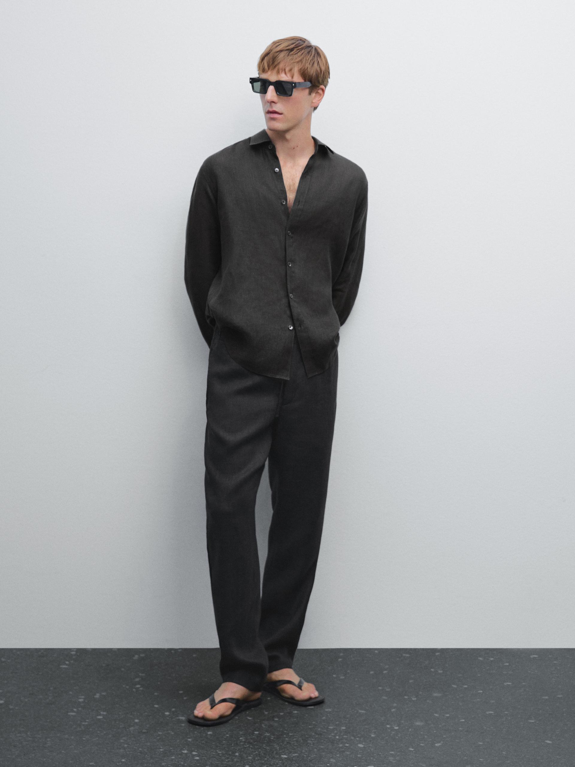 Pantalón Jogger Fit 100% Lino - Gris Oscuro - M - Massimo Dutti - Hombre