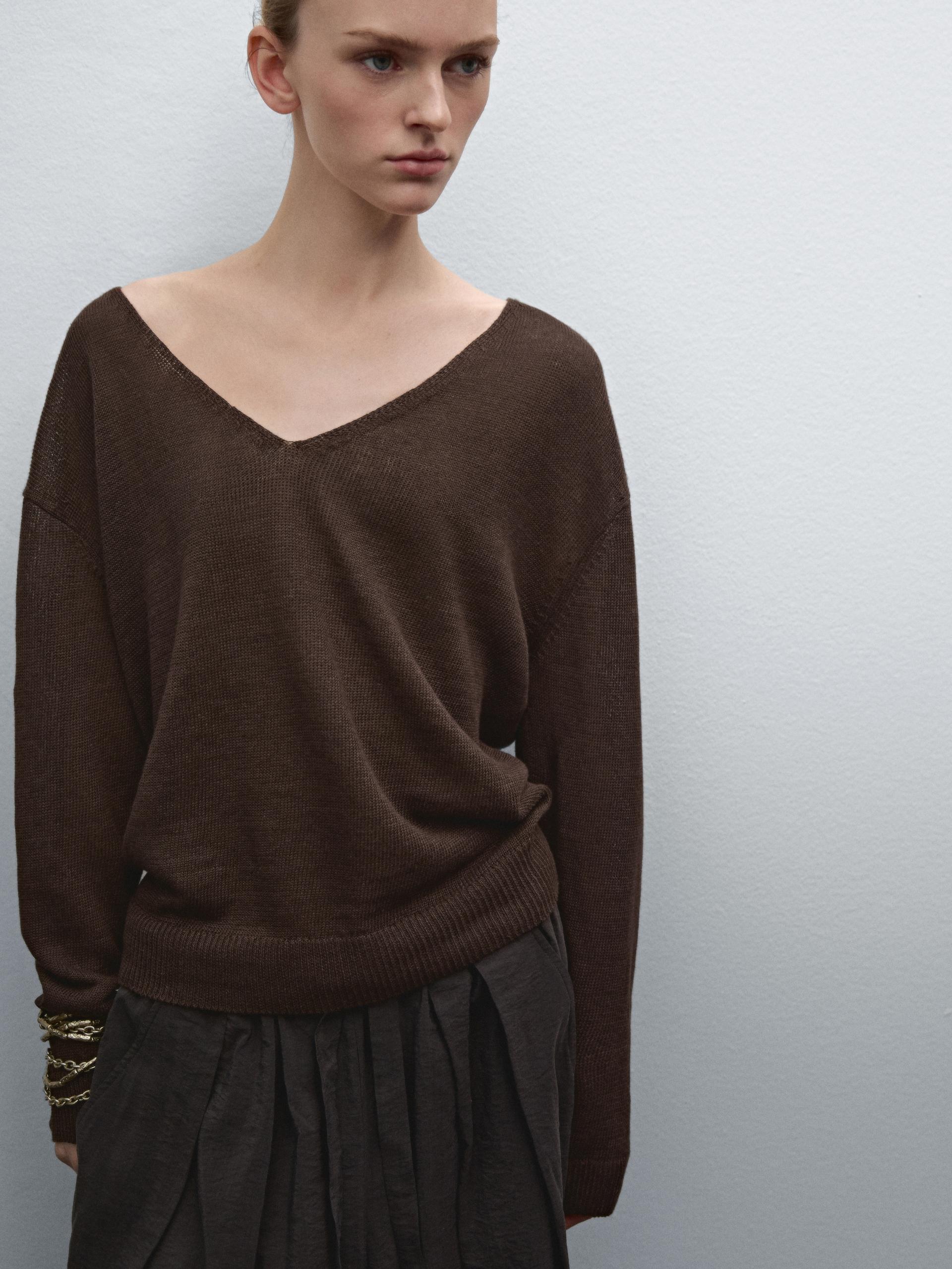 Pull En Maille À Col En V 100 % Lin - Chocolat - S - Massimo Dutti - Femme