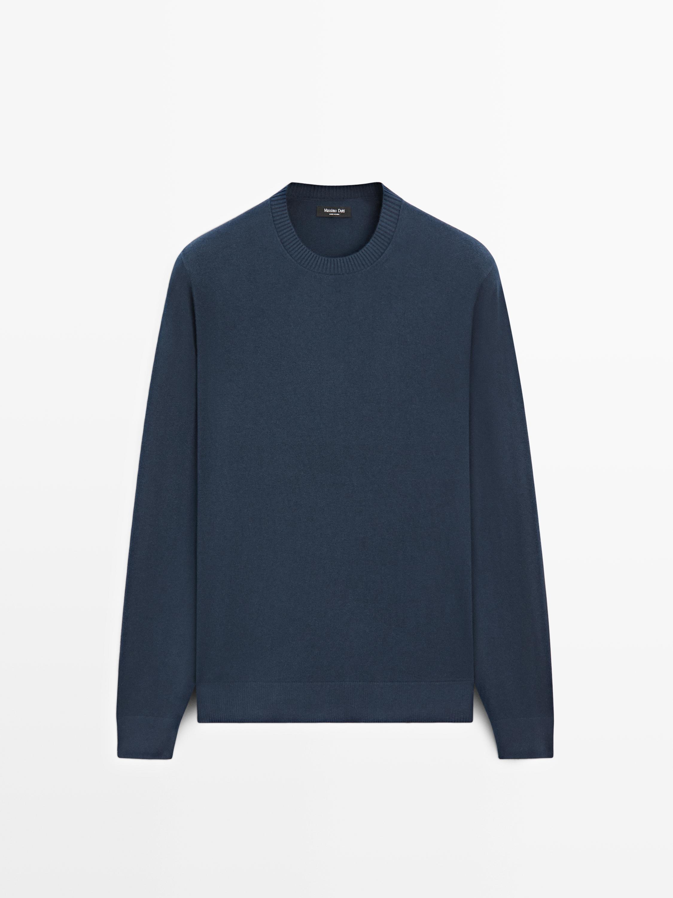 Knit cotton and wool sweater with crew neck — Dark blue