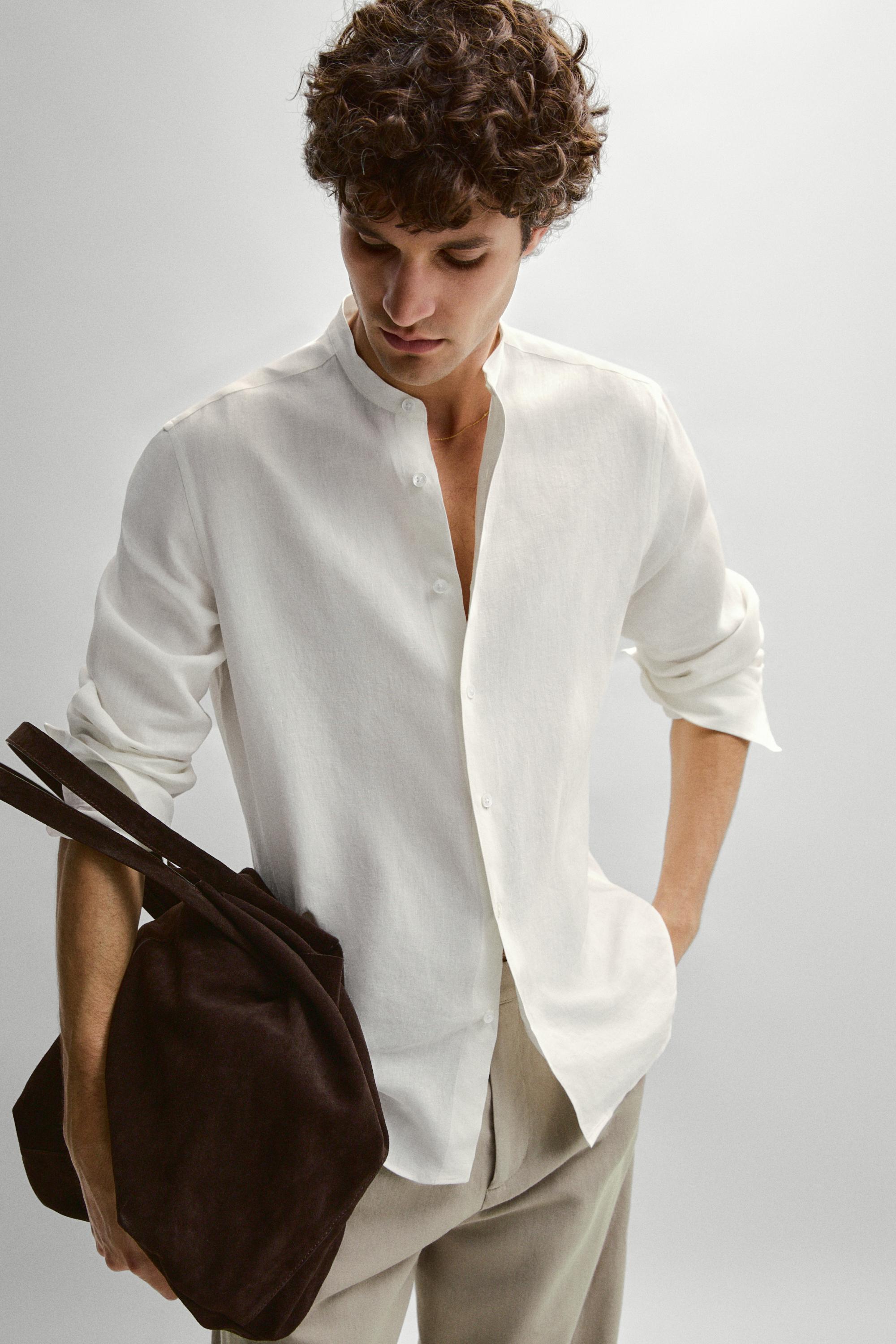 100% linen regular fit shirt with stand collar — CREAM