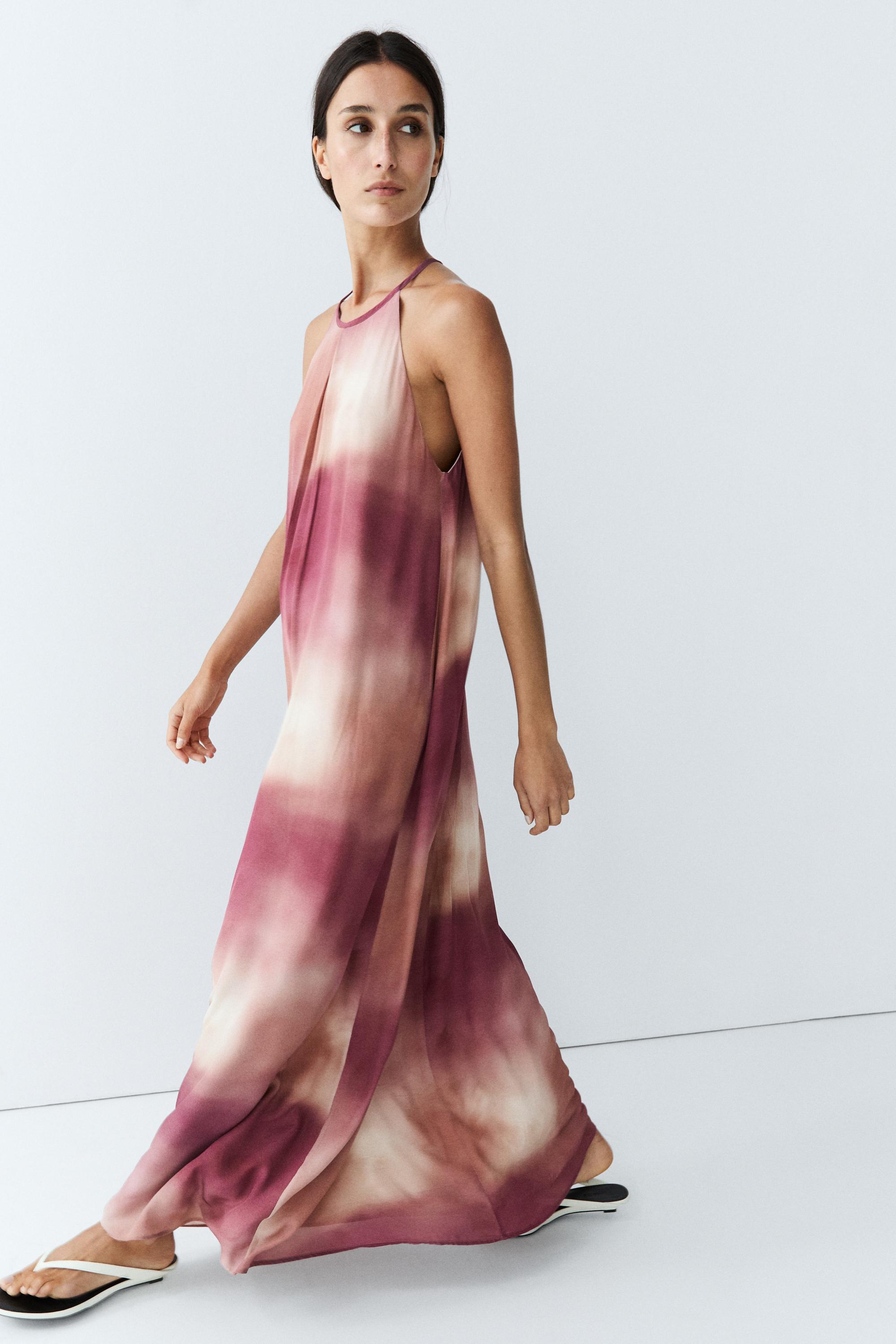 Printed tie-dye flowing halter maxi dress — PINK