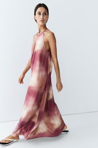 Printed tie-dye flowing halter maxi dress — PINK 5