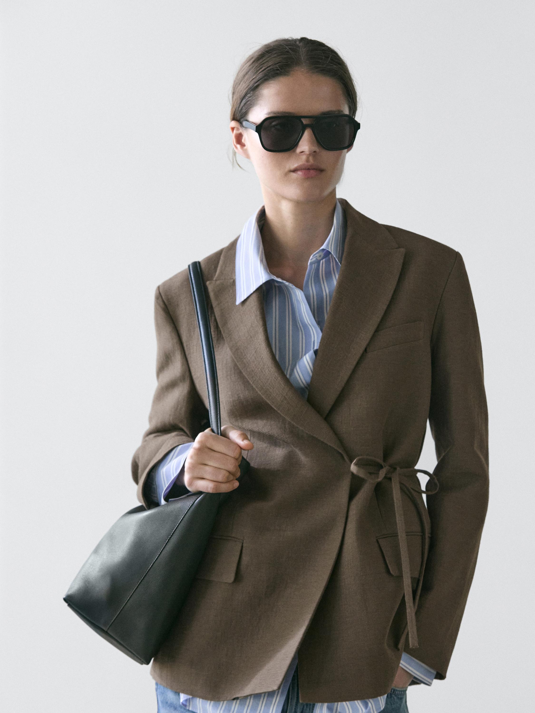 Double-breasted cotton blend blazer with tie detail — DARK GREEN