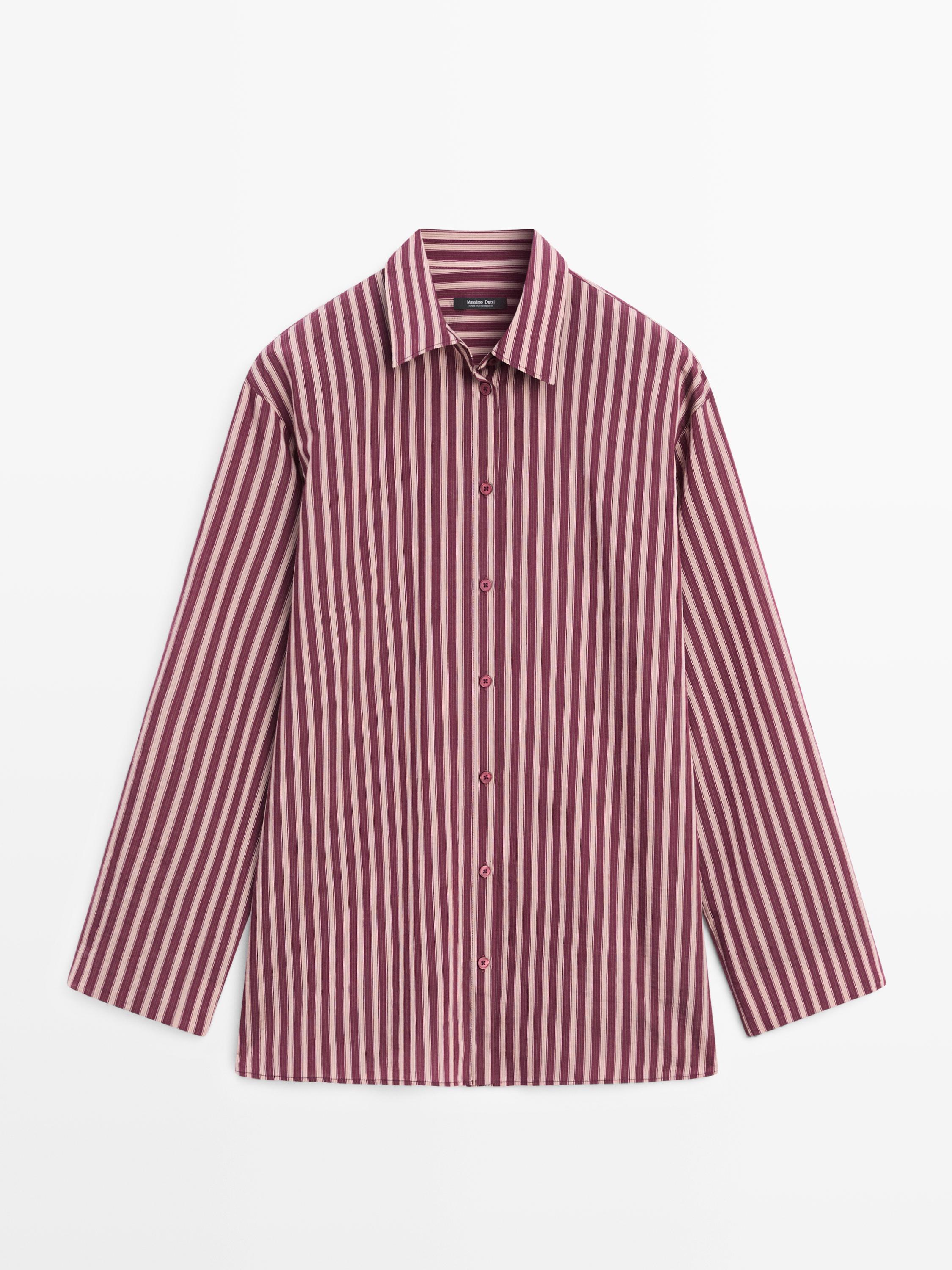 Front view of a brown shirt with vertical stripes, a classic collar, and a central button placket.