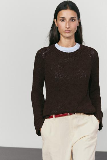 Cotton-blend boat-neck knit sweater — BROWN 3