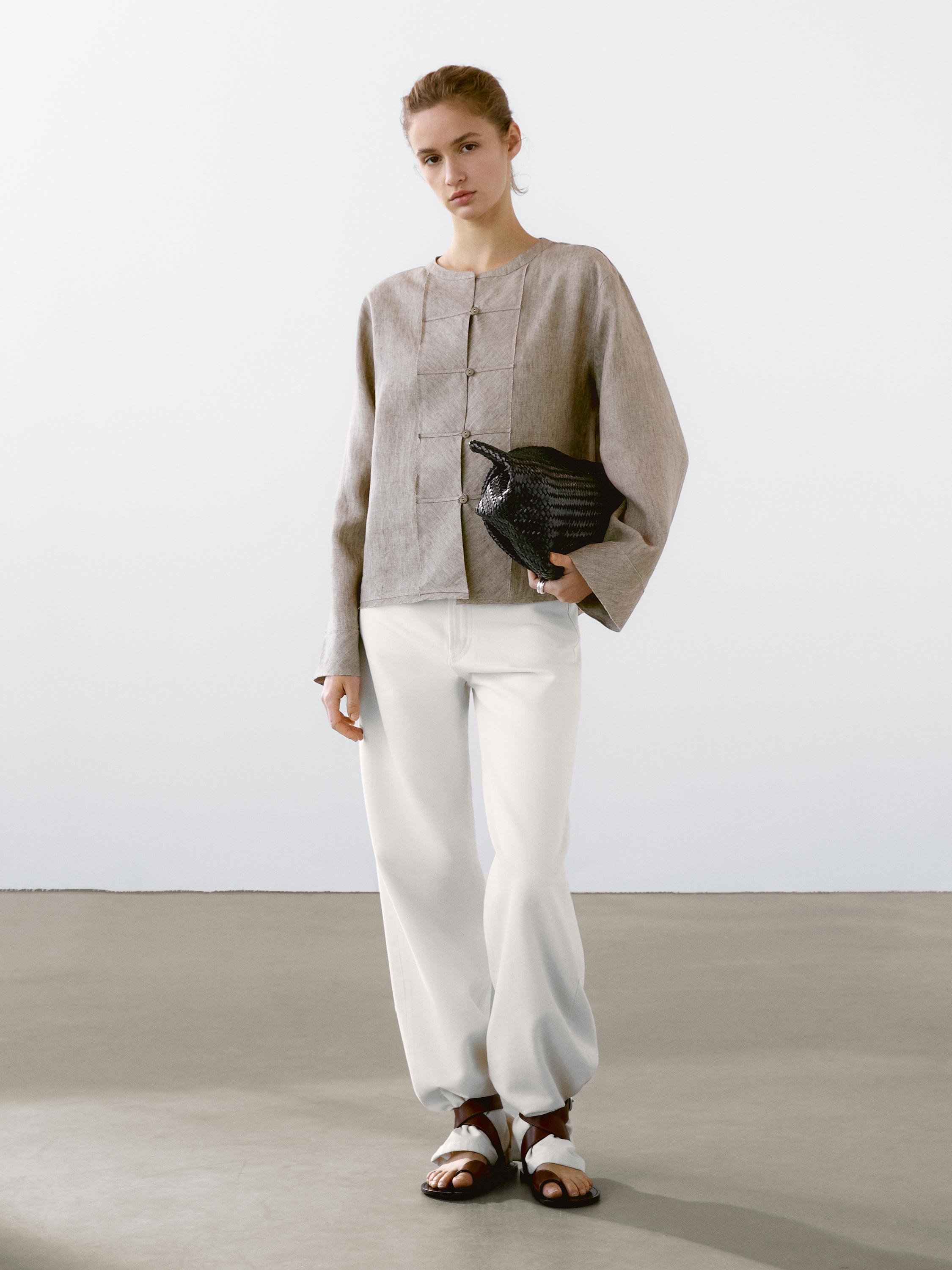 Blusa,% 100 lihozkoa, mao-lepoarekin, melange-kolorekoa