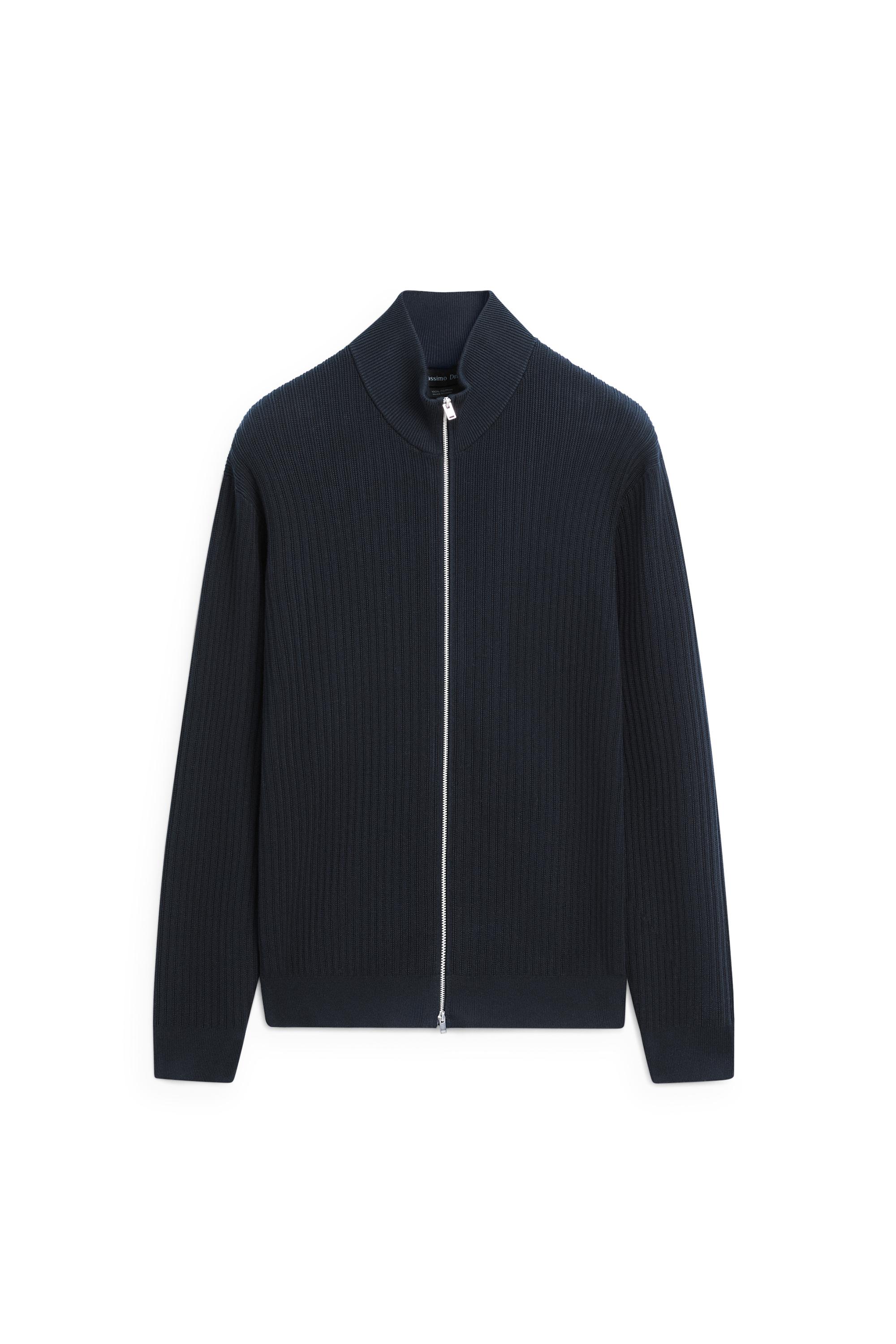 Cotton zip-up knit cardigan — NAVY BLUE