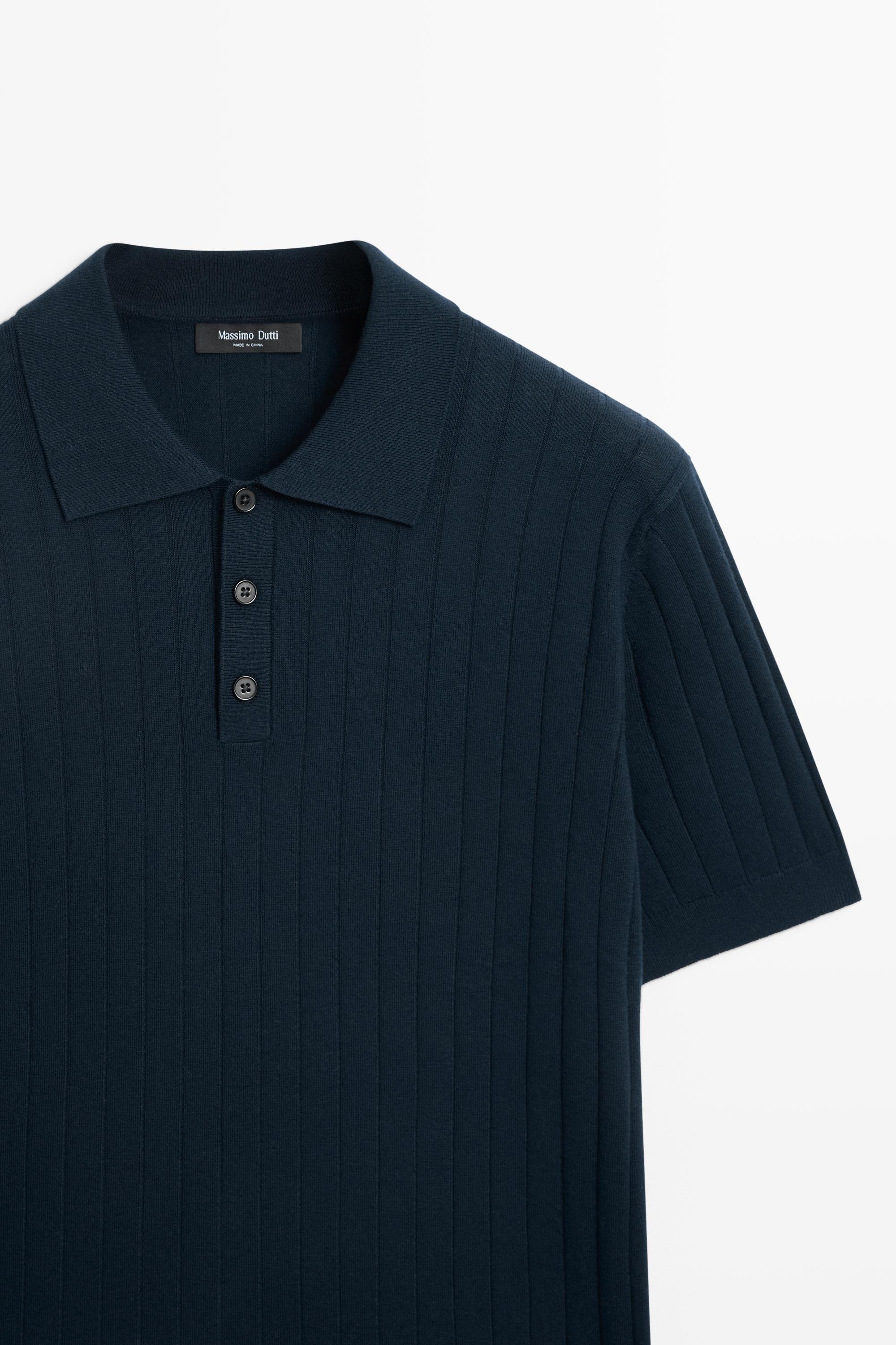 Ribbed knit cotton blend polo shirt — NAVY BLUE