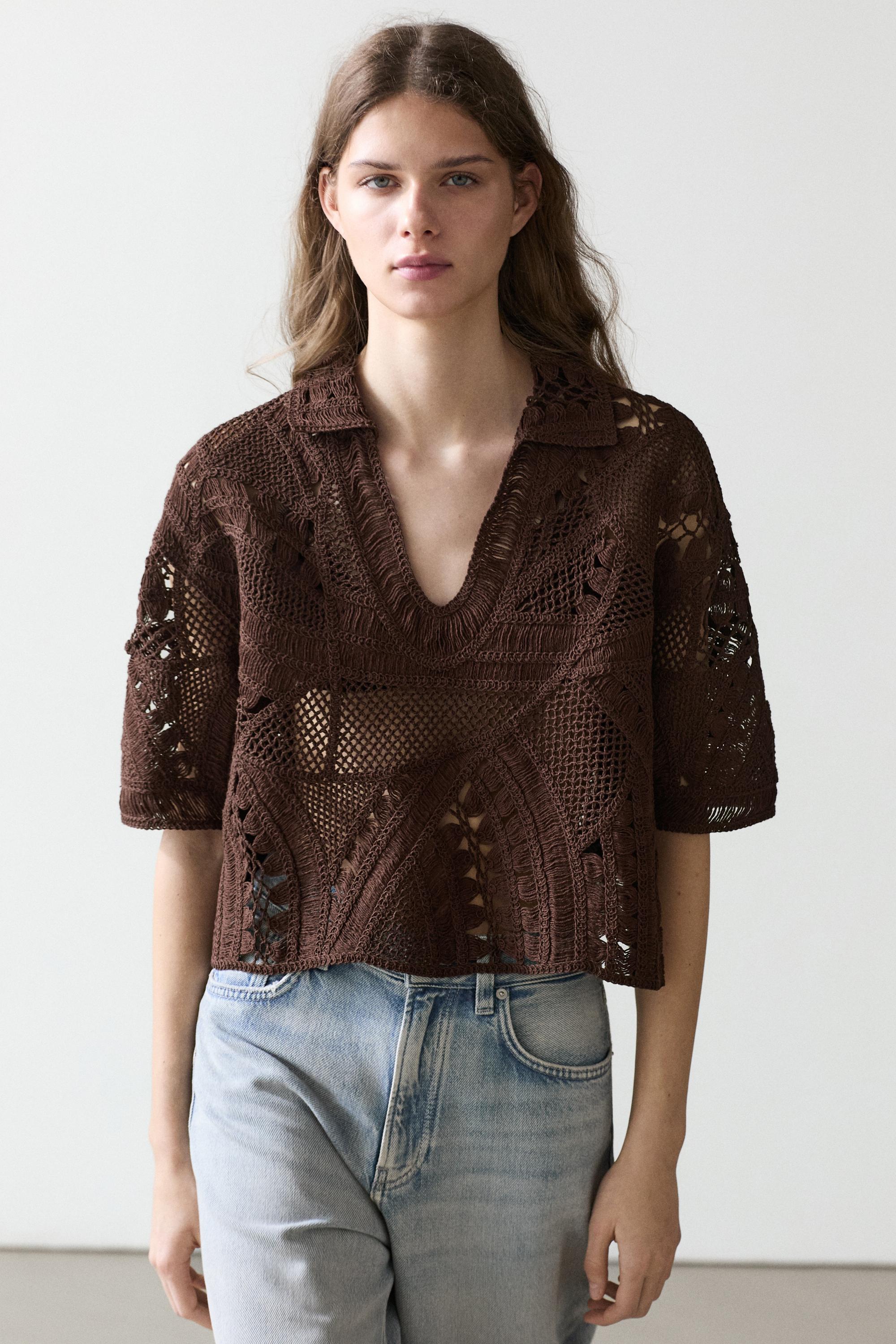 Cotton blend crochet polo T-shirt — BROWN