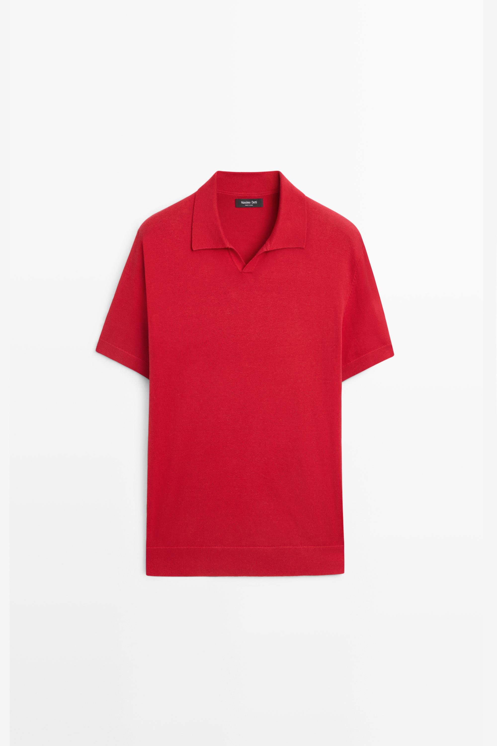 Cotton blend V-neck polo shirt — RED
