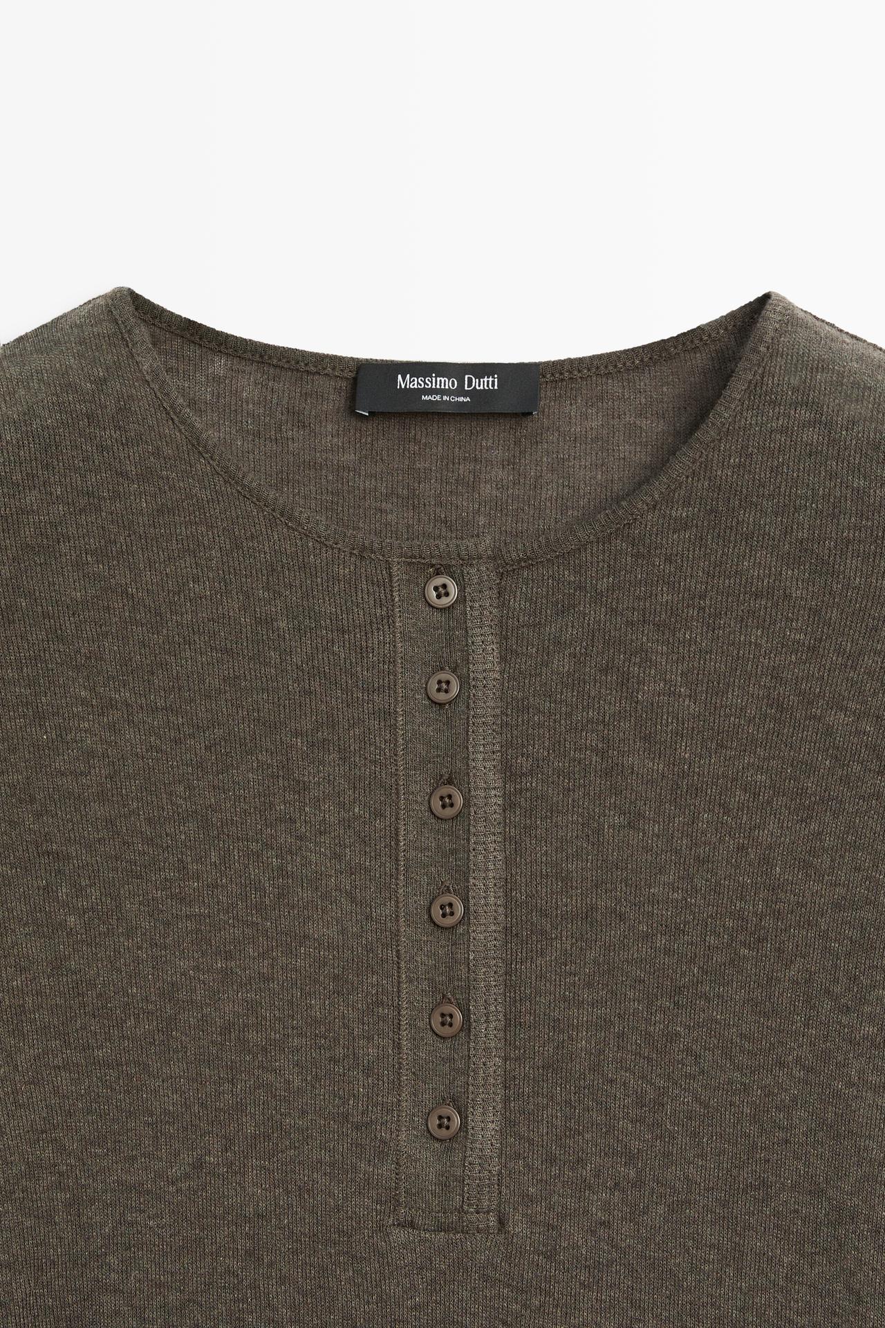 Long sleeve cotton blend henley — DARK KHAKI