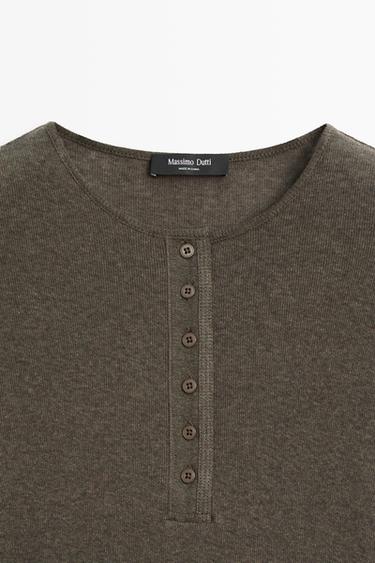 Long sleeve cotton blend henley — DARK KHAKI 9