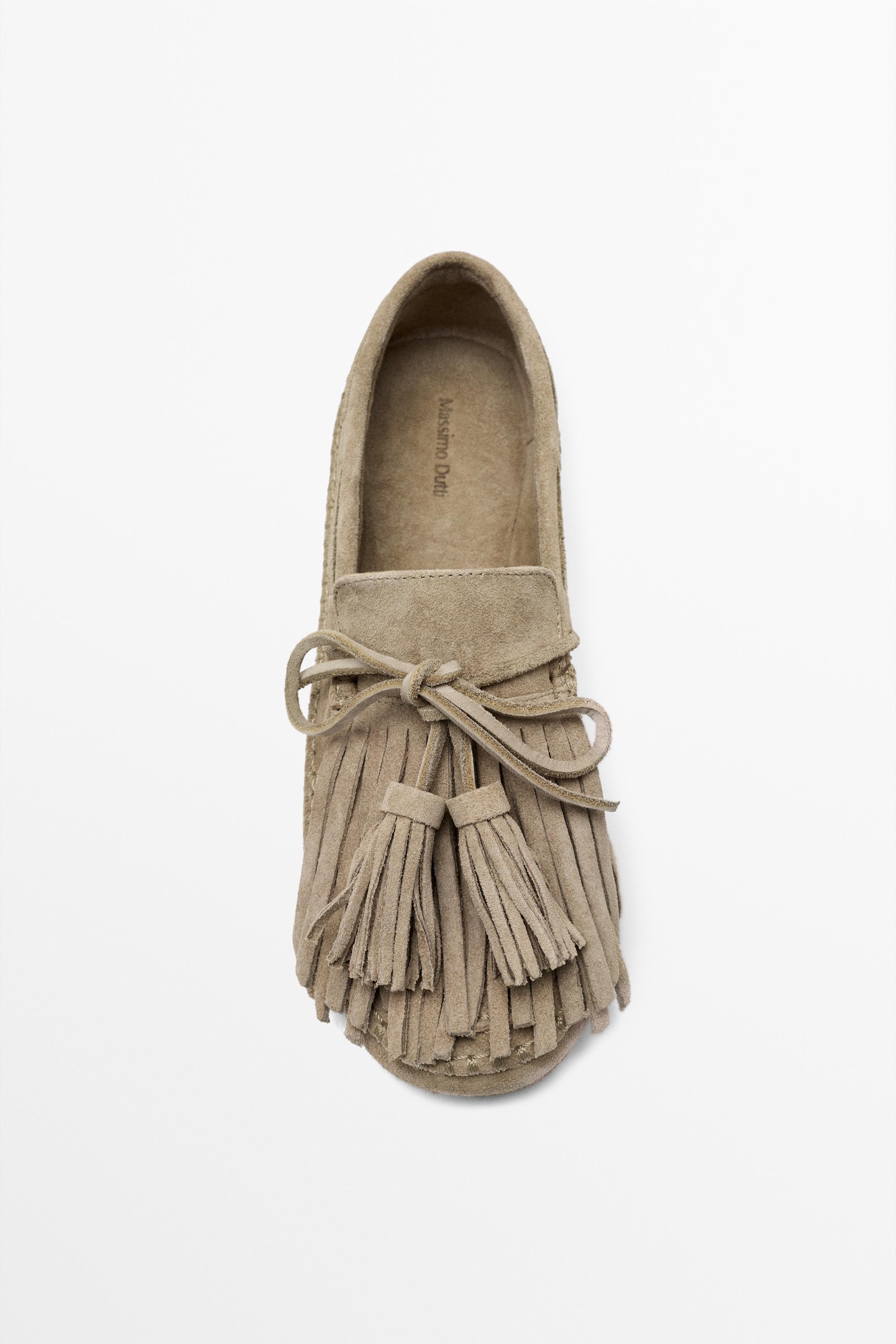 Leather loafers with fringing and tassels — BEIGE